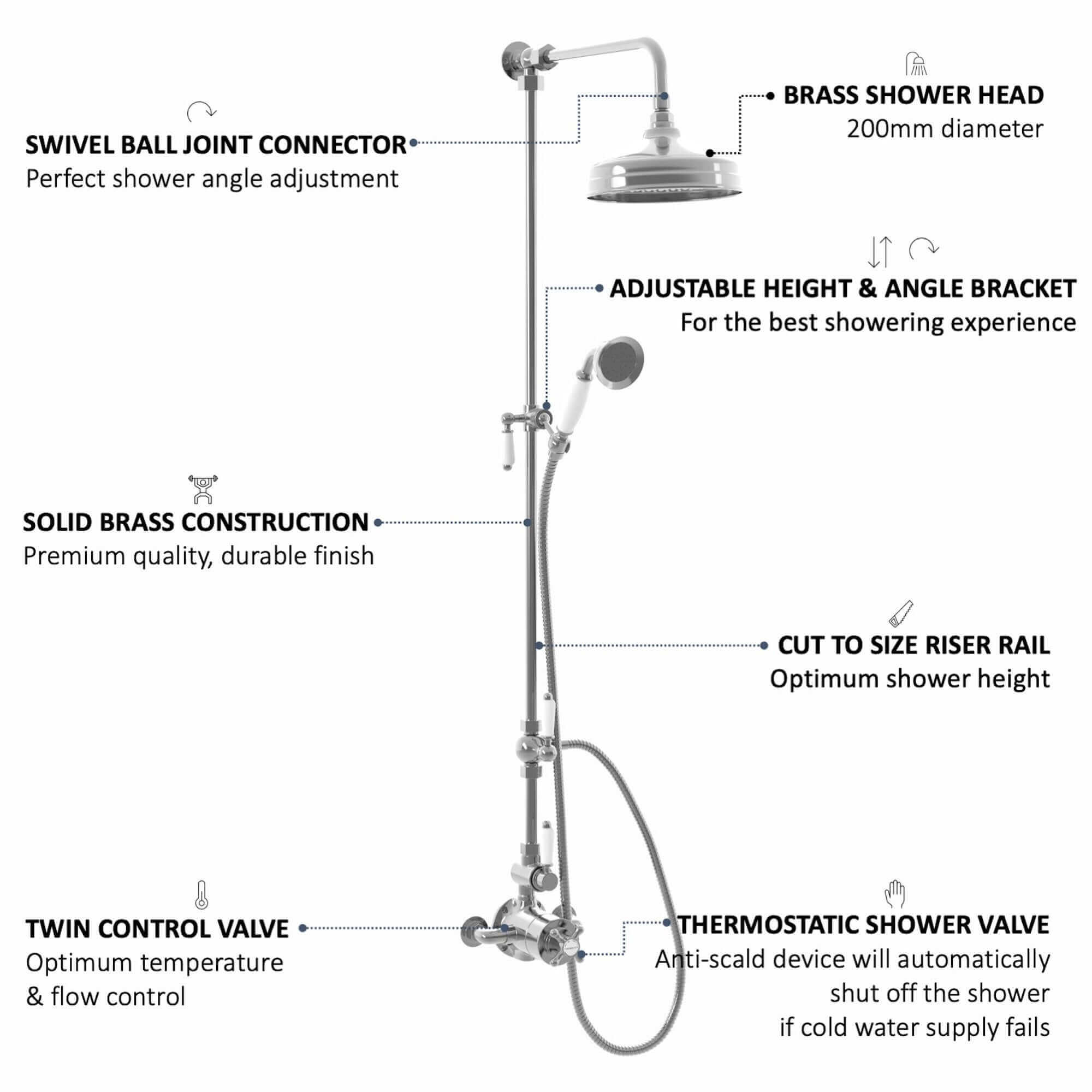 Downton Exposed Traditional Thermostatic Shower Set 2 Outlet Incl. Twin Shower Valve With Diverter, Rigid Riser Rail, 200mm Shower Head & Ceramic Handset - Chrome - Image 5