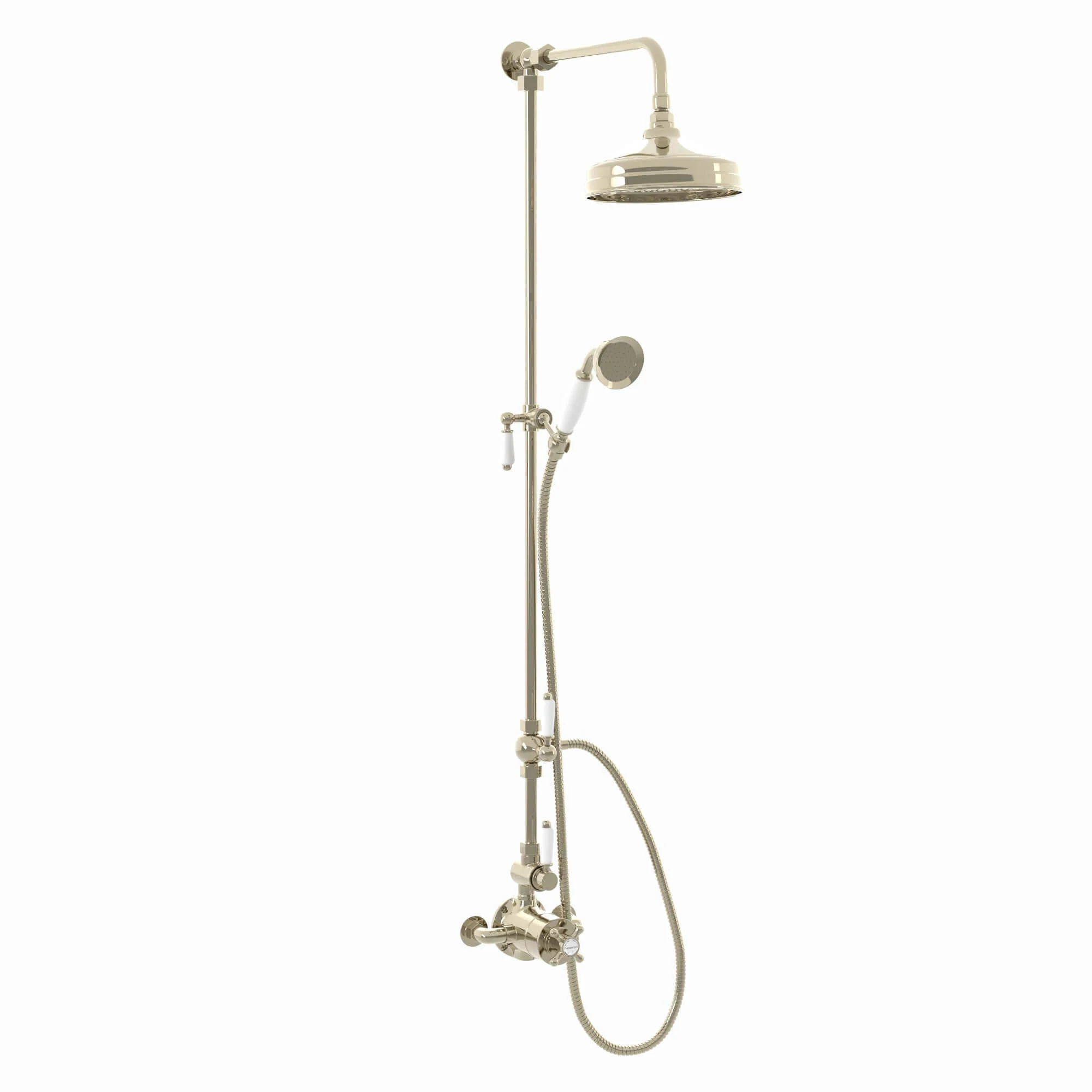 Downton Exposed Traditional Thermostatic Shower Set 2 Outlet Incl. Twin Shower Valve With Diverter, Rigid Riser Rail, 200mm Shower Head & Ceramic Handset - Gold - Image 6