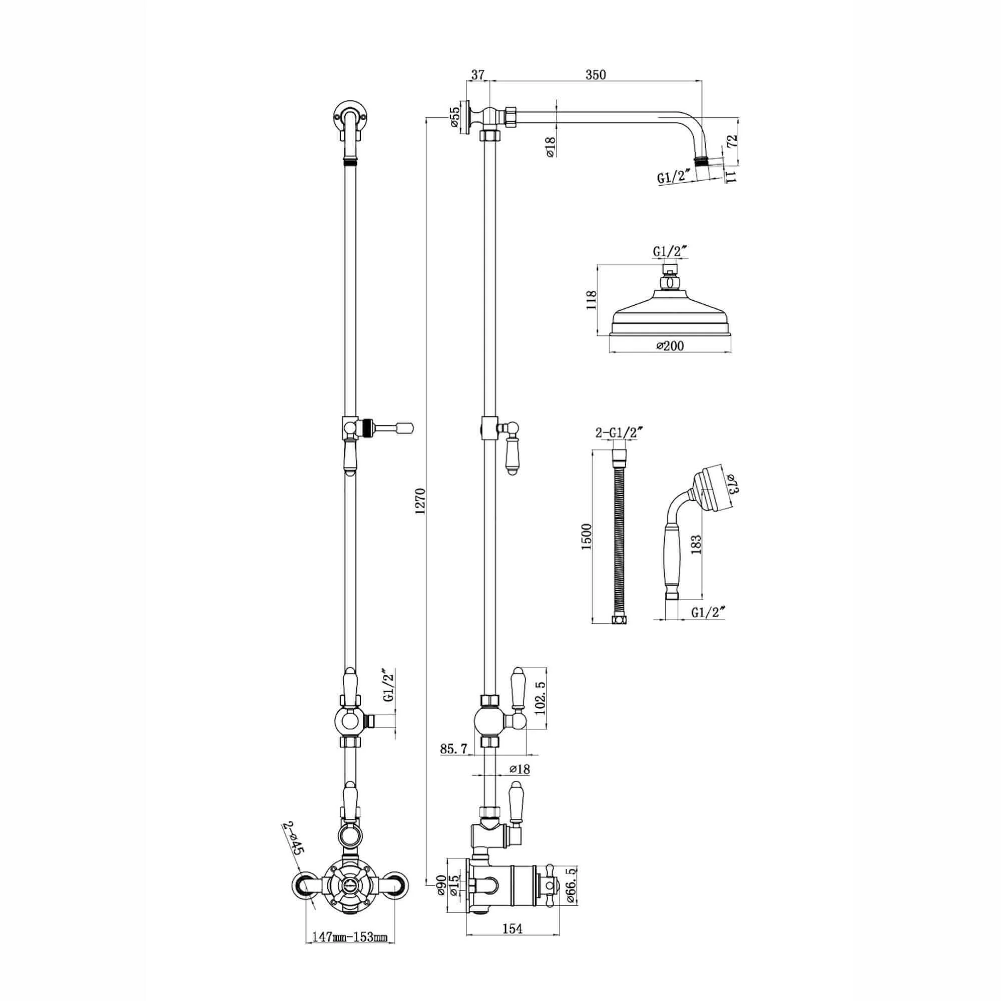 Downton Exposed Traditional Thermostatic Shower Set 2 Outlet Incl. Twin Shower Valve With Diverter, Rigid Riser Rail, 200mm Shower Head & Ceramic Handset - Gold - Image 7