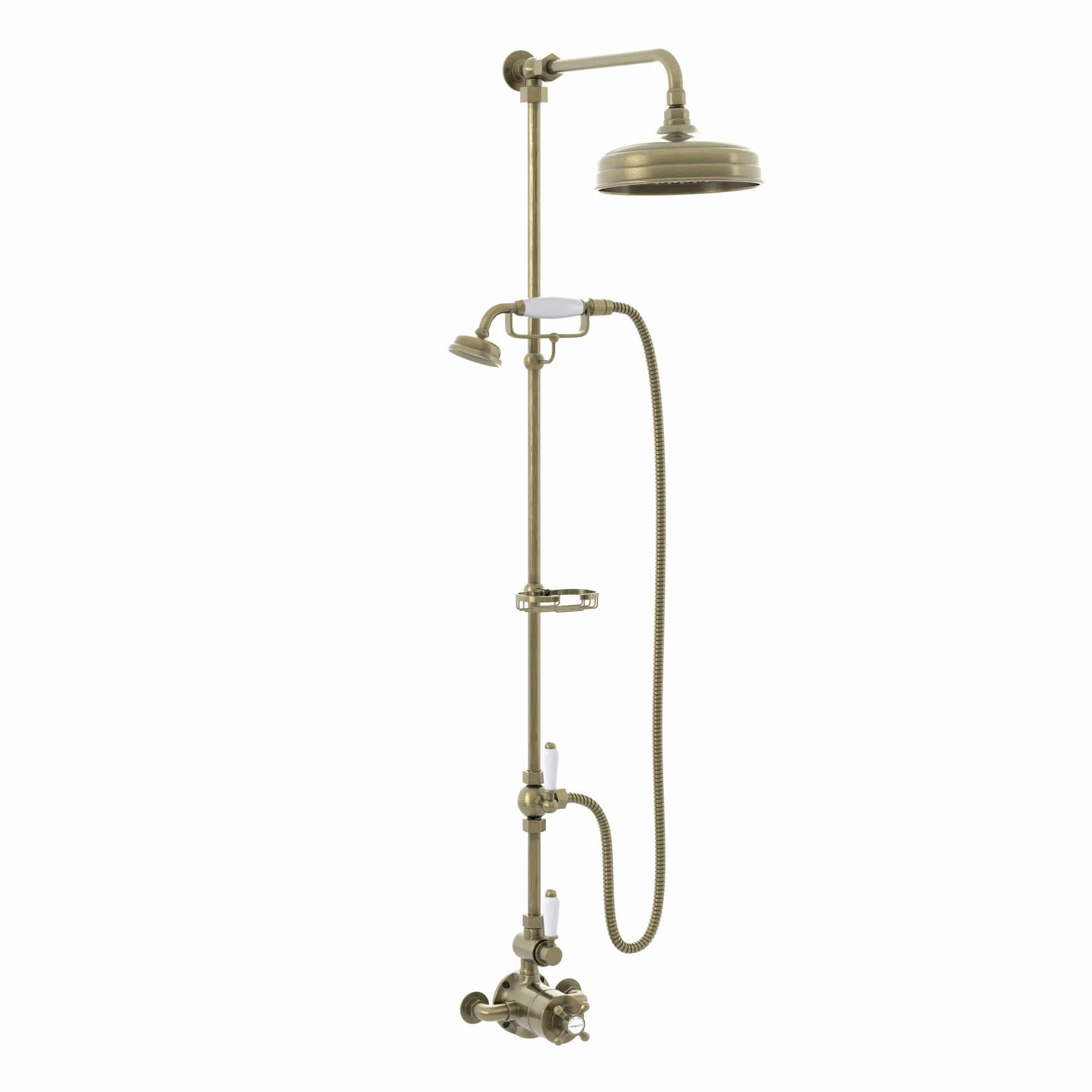 Downton Exposed Traditional Thermostatic Shower Set 2 Outlet Incl. Twin Shower Valve With Diverter, Rigid Riser Rail, 200mm Shower Head, Telephone Style Ceramic Handset & Caddy - Antique Brass - Image 6