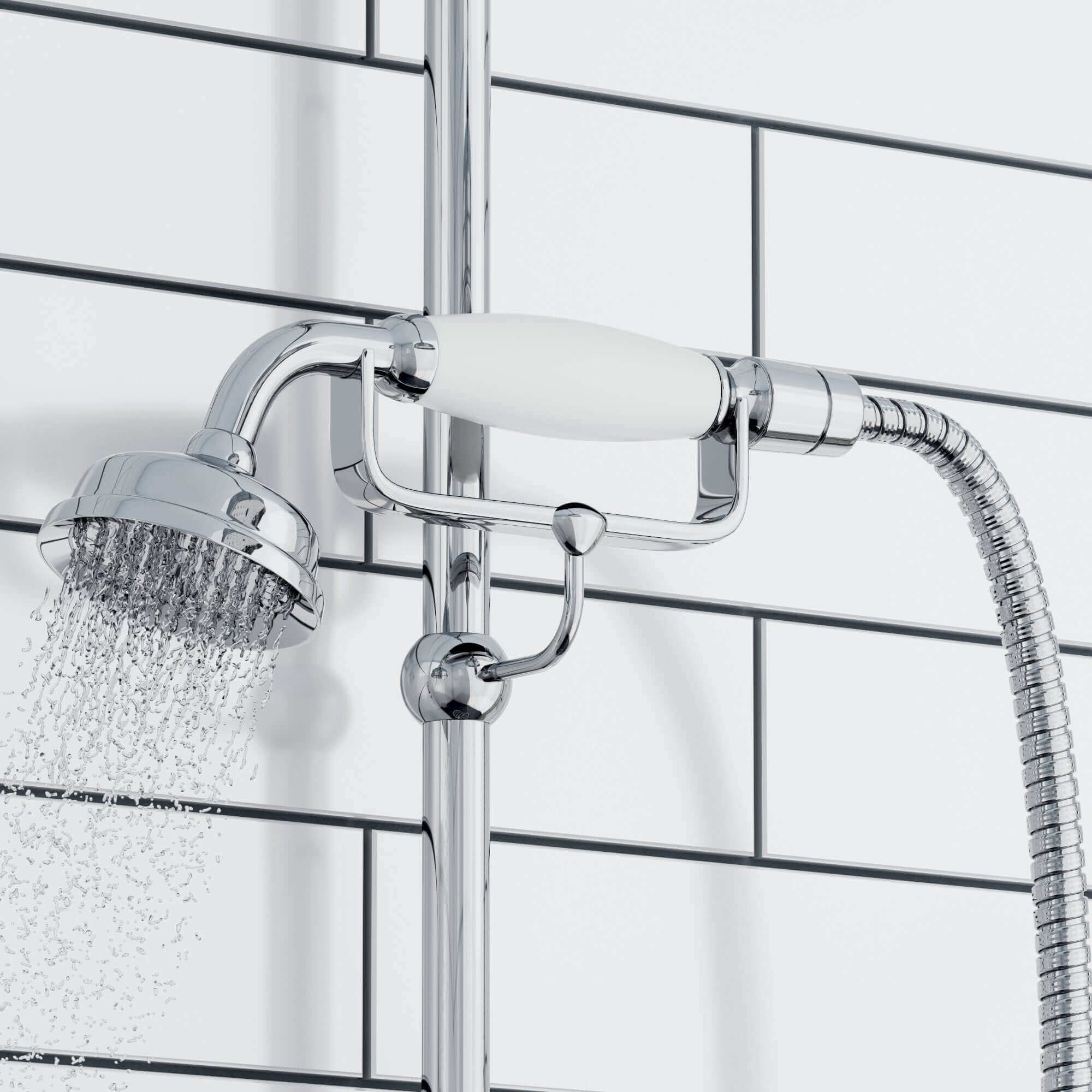 Downton Exposed Traditional Thermostatic Shower Set 2 Outlet Incl. Twin Shower Valve With Diverter, Rigid Riser Rail, 200mm Shower Head, Telephone Style Ceramic Handset & Caddy - Chrome - Image 3