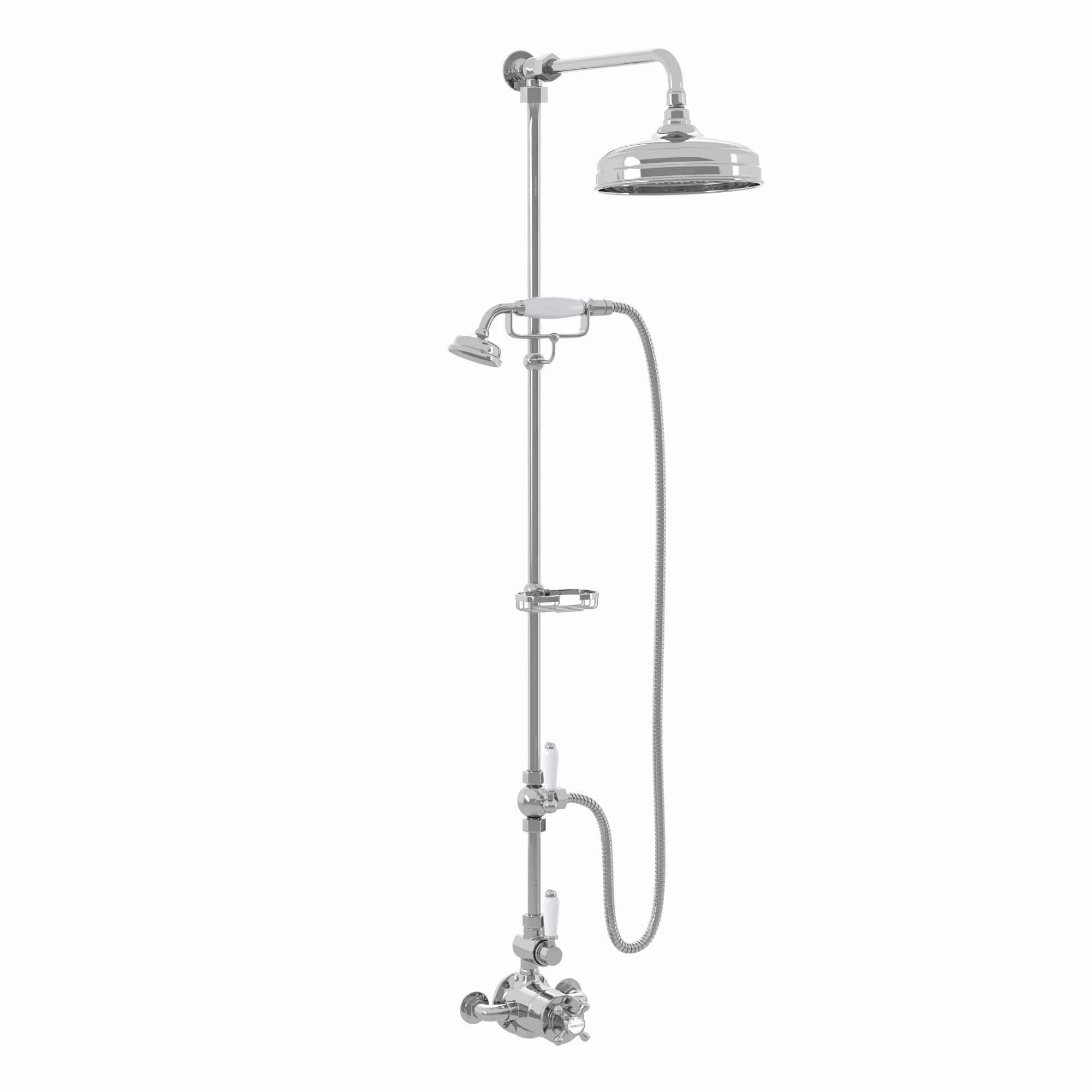 Downton Exposed Traditional Thermostatic Shower Set 2 Outlet Incl. Twin Shower Valve With Diverter, Rigid Riser Rail, 200mm Shower Head, Telephone Style Ceramic Handset & Caddy - Chrome - Image 6