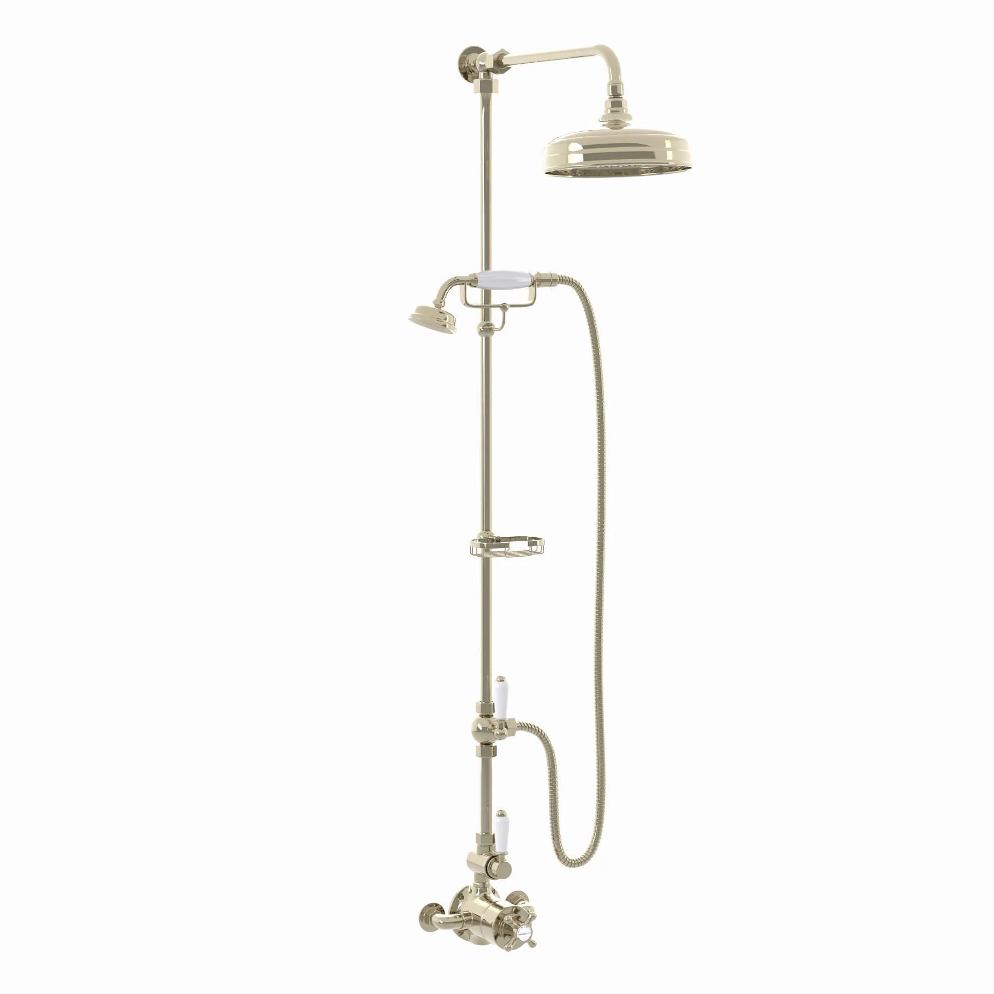 Downton Exposed Traditional Thermostatic Shower Set 2 Outlet Incl. Twin Shower Valve With Diverter, Rigid Riser Rail, 200mm Shower Head, Telephone Style Ceramic Handset & Caddy - Gold - Image 6