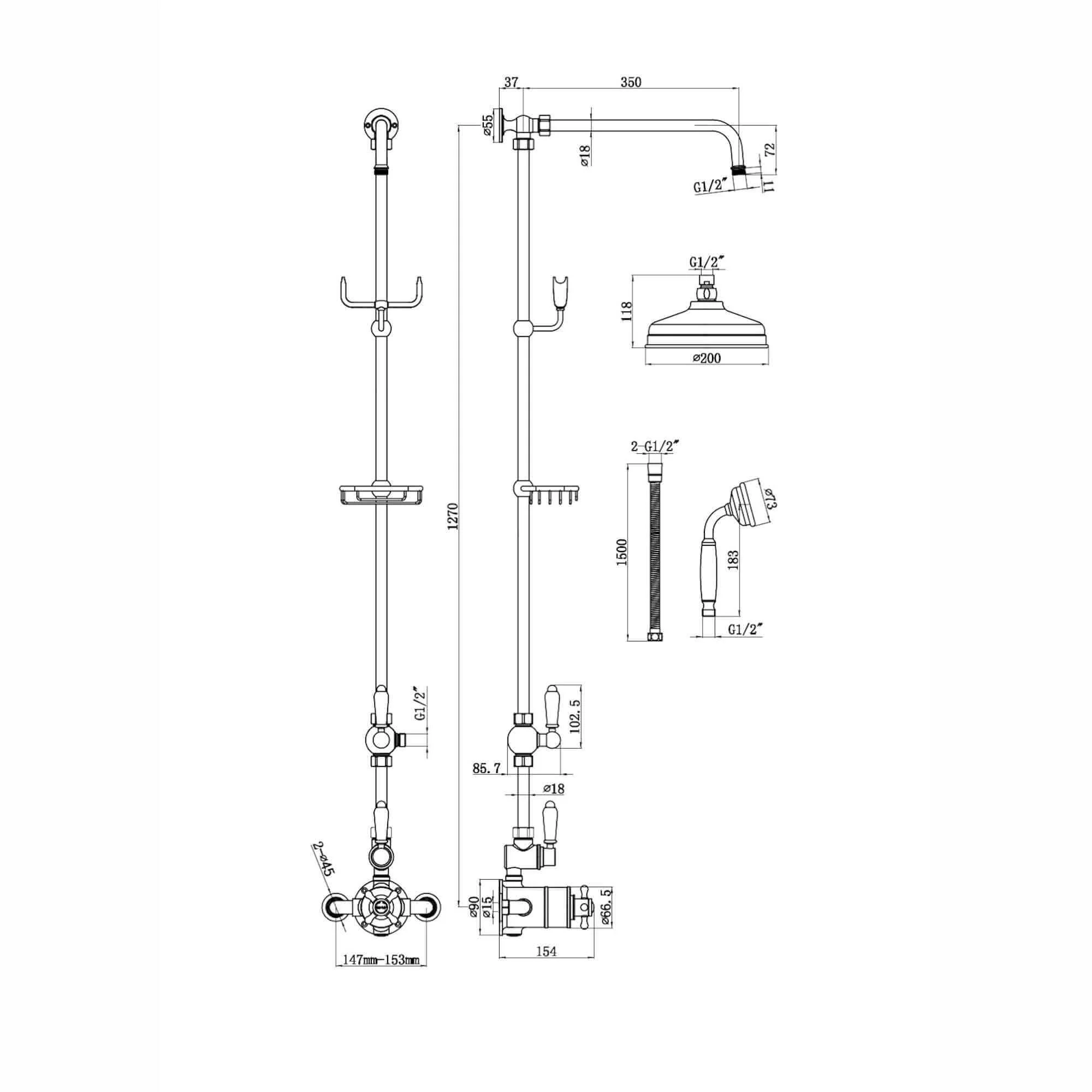 Downton Exposed Traditional Thermostatic Shower Set 2 Outlet Incl. Twin Shower Valve With Diverter, Rigid Riser Rail, 200mm Shower Head, Telephone Style Ceramic Handset & Caddy - Gold - Image 7