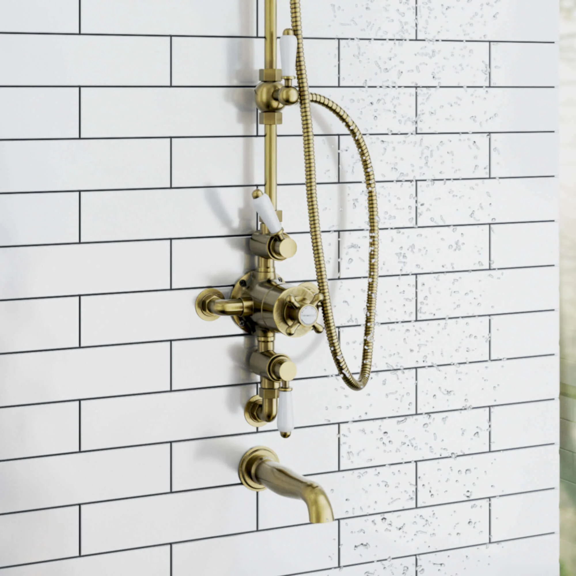 Downton Exposed Traditional Thermostatic Shower Set 3 Outlet, Incl. Triple Shower Valve, Rigid Riser Rail, 200mm Shower Head, Handset & Bath Filler - Antique Brass - Image 4