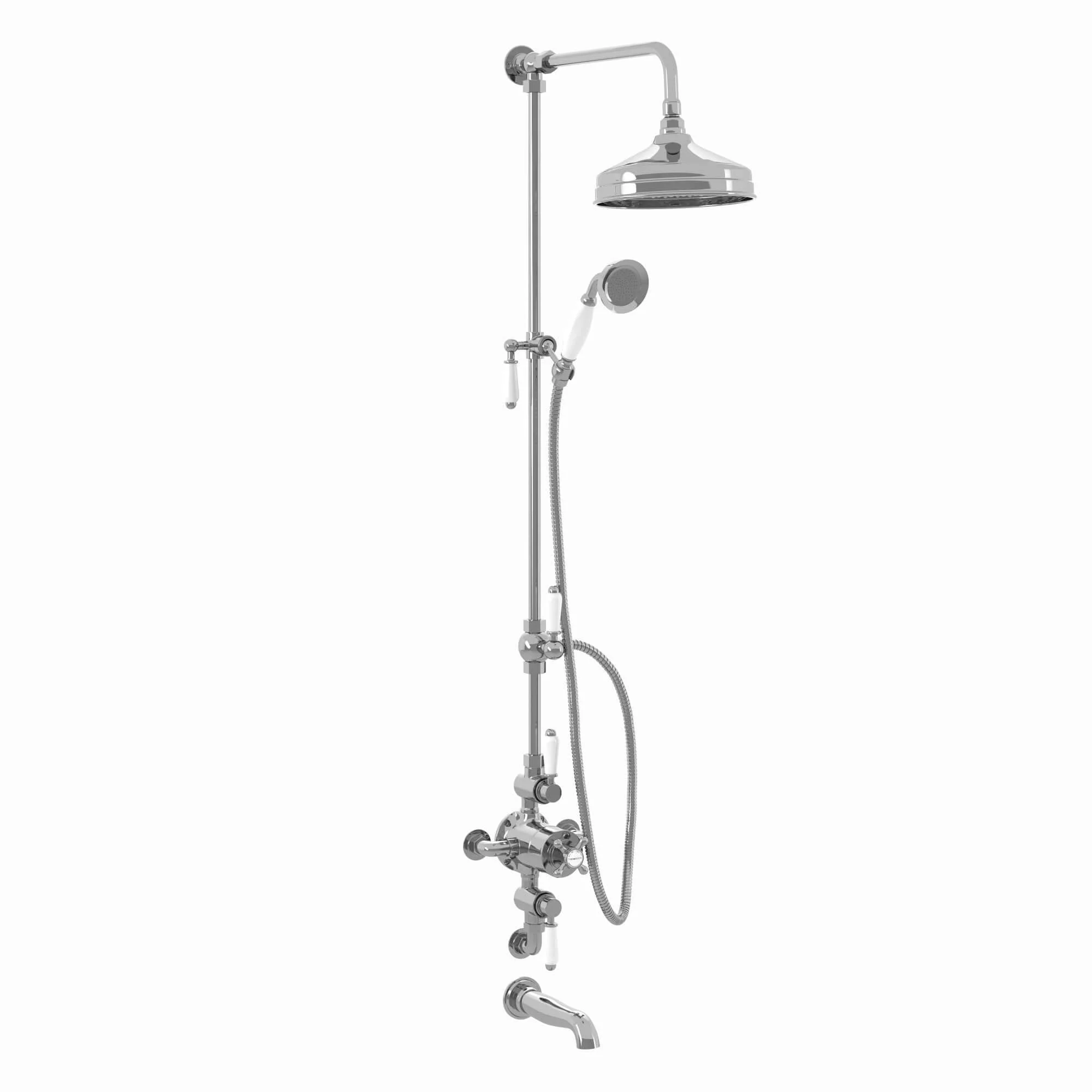 Downton Exposed Traditional Thermostatic Shower Set 3 Outlet, Incl. Triple Shower Valve, Rigid Riser Rail, 200mm Shower Head, Handset & Bath Filler - Chrome - Image 6