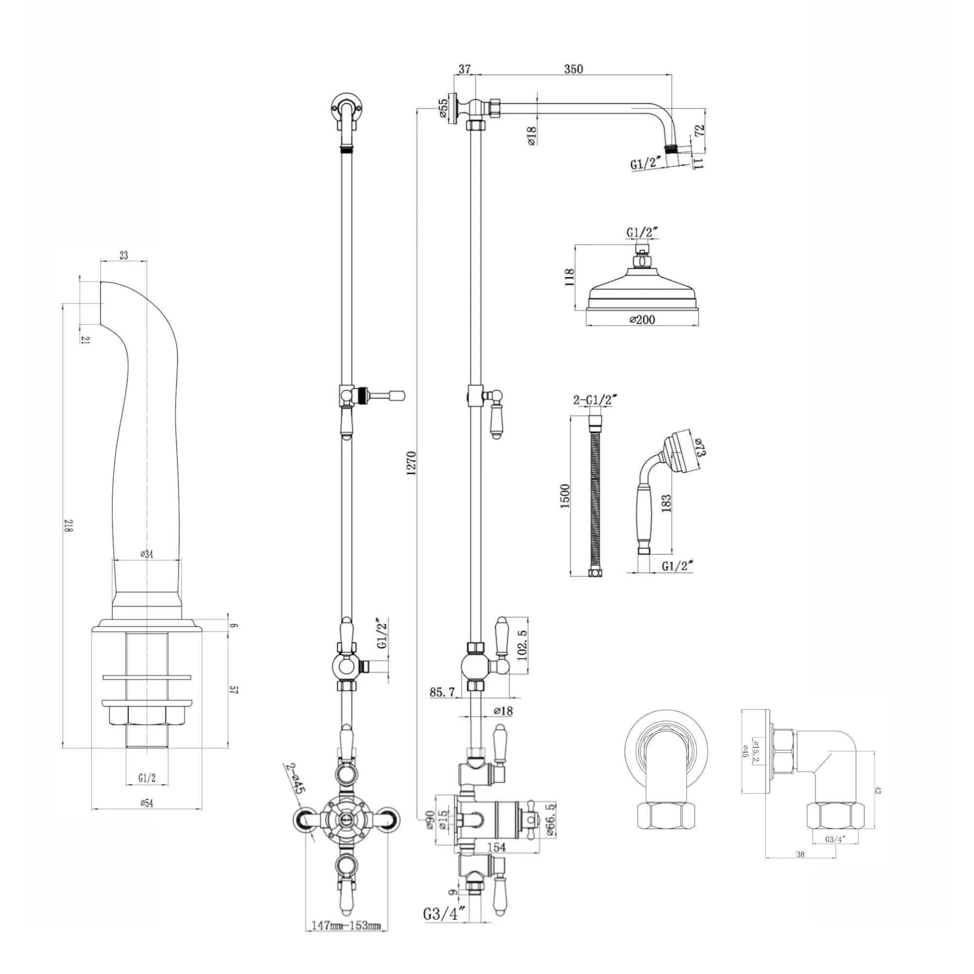 Downton Exposed Traditional Thermostatic Shower Set 3 Outlet, Incl. Triple Shower Valve, Rigid Riser Rail, 200mm Shower Head, Handset & Bath Filler - Chrome - Image 7