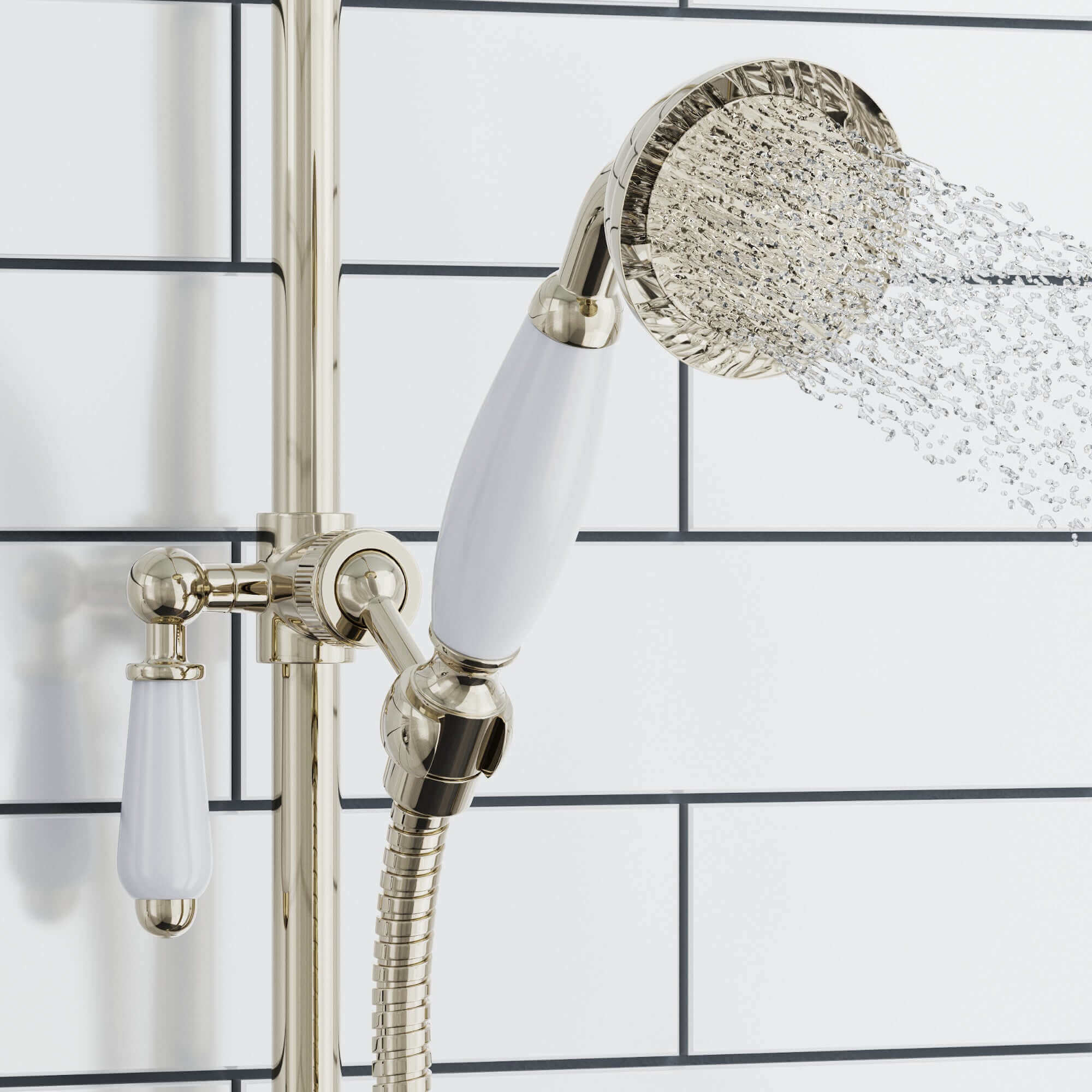 Downton Exposed Traditional Thermostatic Shower Set 3 Outlet, Incl. Triple Shower Valve, Rigid Riser Rail, 200mm Shower Head, Handset & Bath Filler - Gold - Image 3
