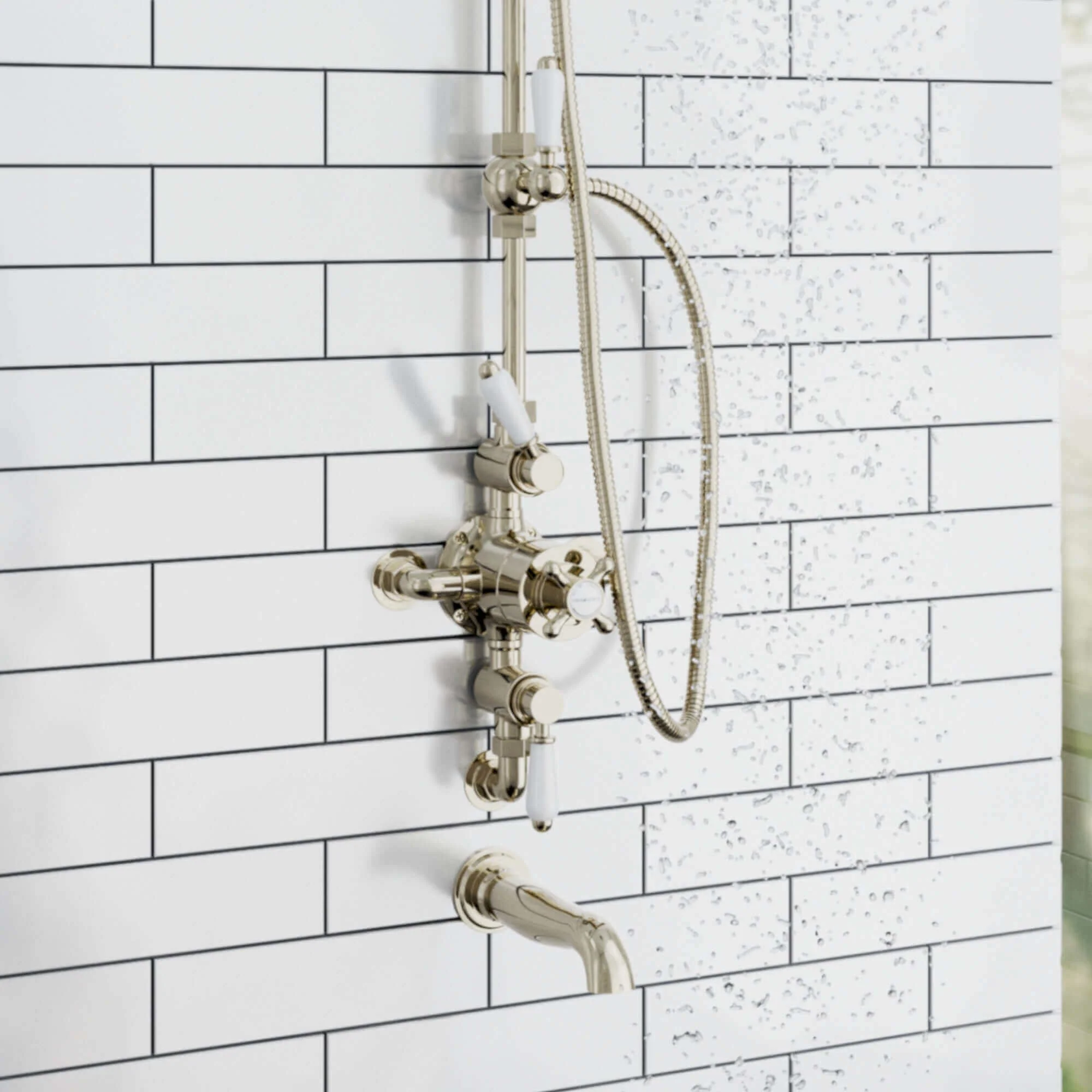 Downton Exposed Traditional Thermostatic Shower Set 3 Outlet, Incl. Triple Shower Valve, Rigid Riser Rail, 200mm Shower Head, Handset & Bath Filler - Gold - Image 4
