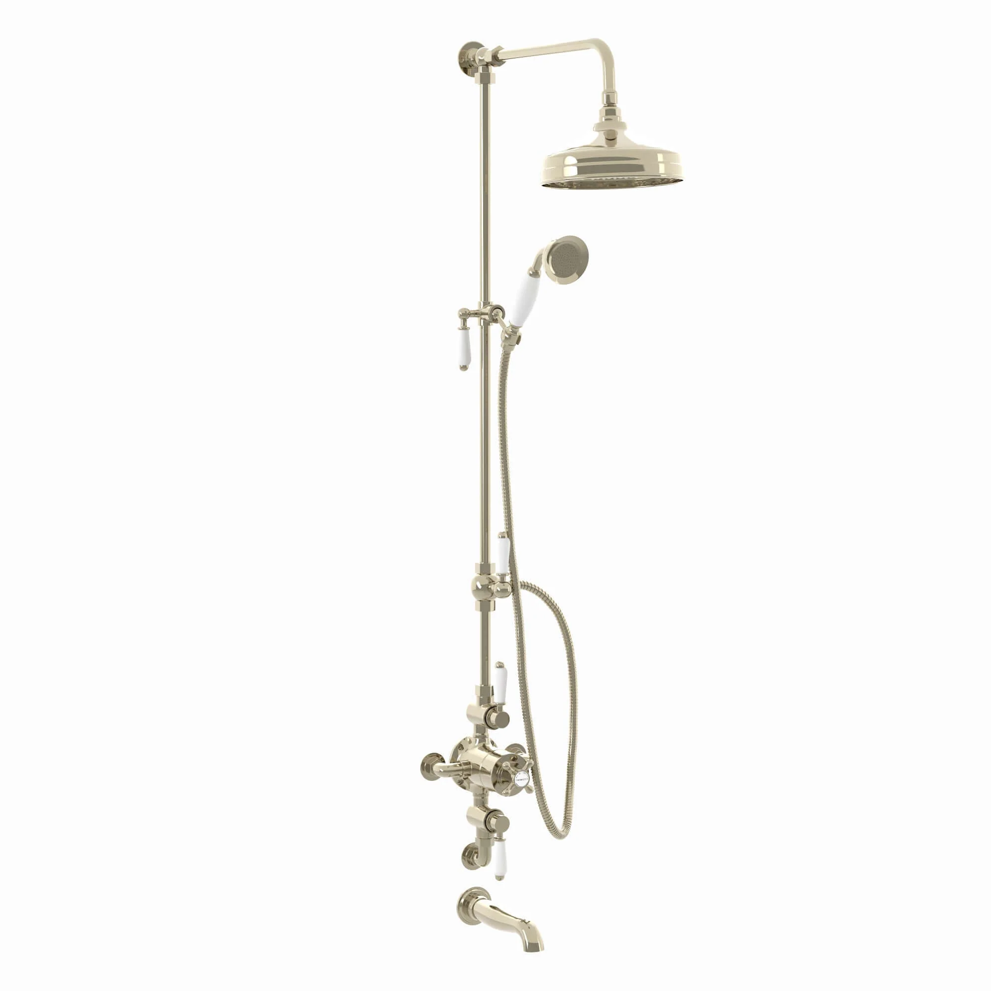 Downton Exposed Traditional Thermostatic Shower Set 3 Outlet, Incl. Triple Shower Valve, Rigid Riser Rail, 200mm Shower Head, Handset & Bath Filler - Gold - Image 6