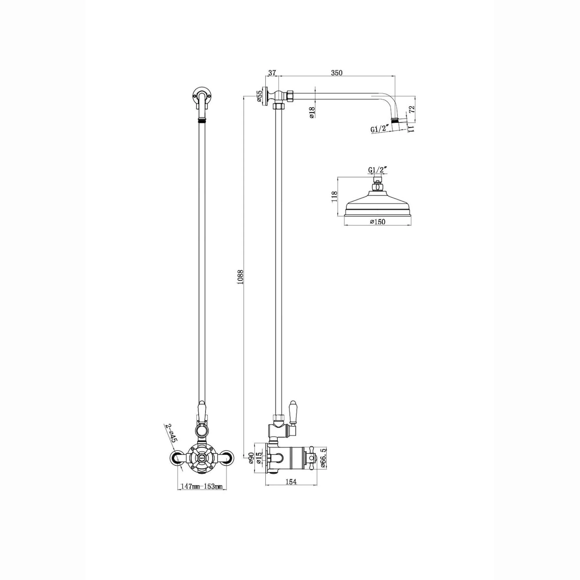 Downton Exposed Traditional Thermostatic Shower Set Single Outlet Incl. Twin Shower Valve, Rigid Riser Rail, 150mm Shower Head - Antique Brass - Image 6