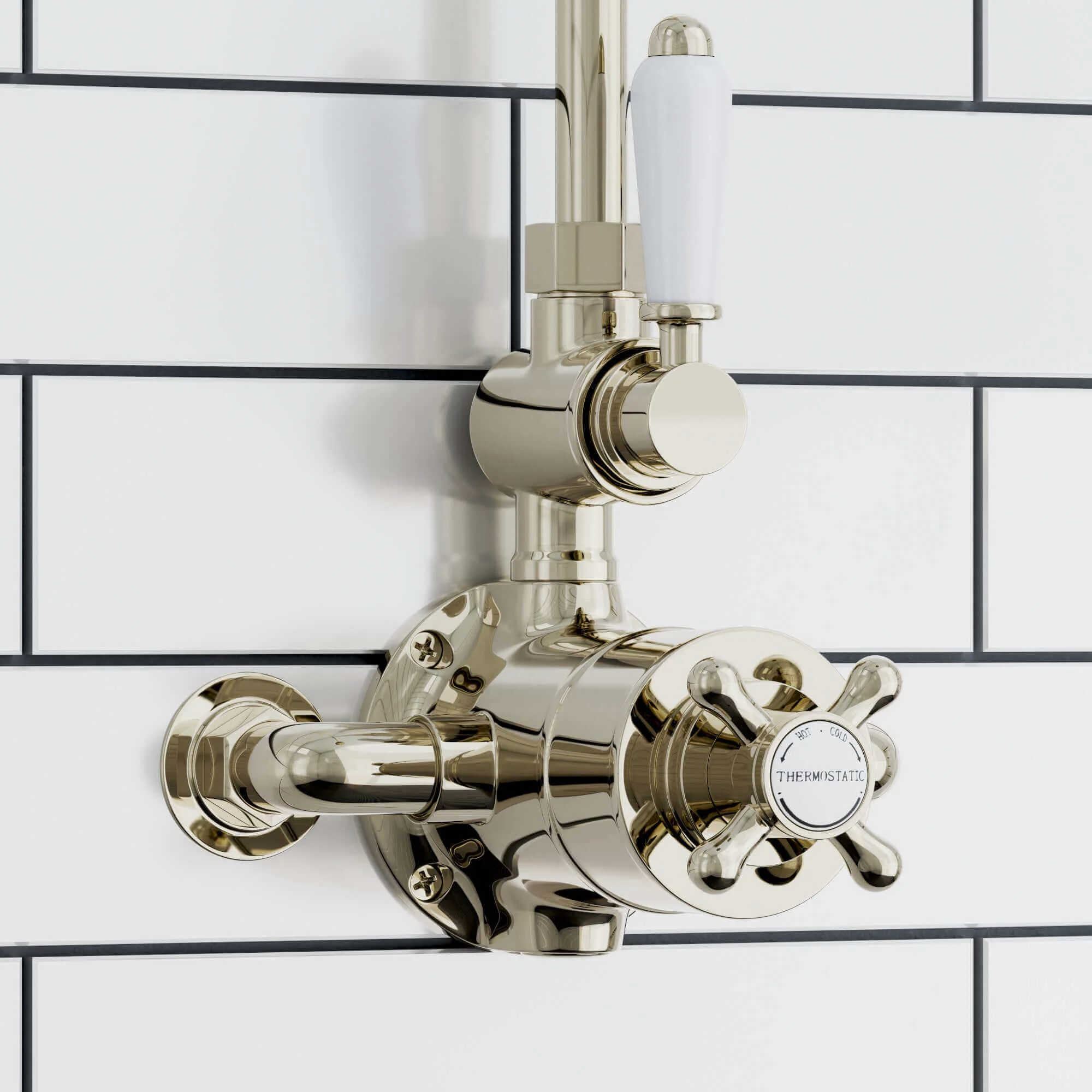 Downton Exposed Traditional Thermostatic Shower Set Single Outlet Incl. Twin Shower Valve, Rigid Riser Rail, 150mm Shower Head - Gold - Image 3