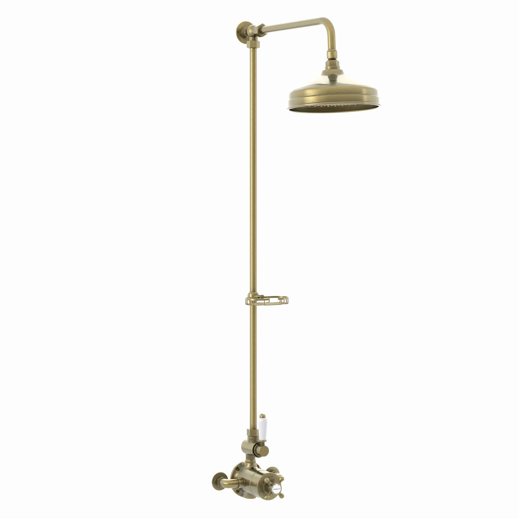 Downton Exposed Traditional Thermostatic Shower Set Single Outlet Incl. Twin Shower Valve, Rigid Riser Rail, 200mm Shower Head & Caddy - Antique Brass - Image 5