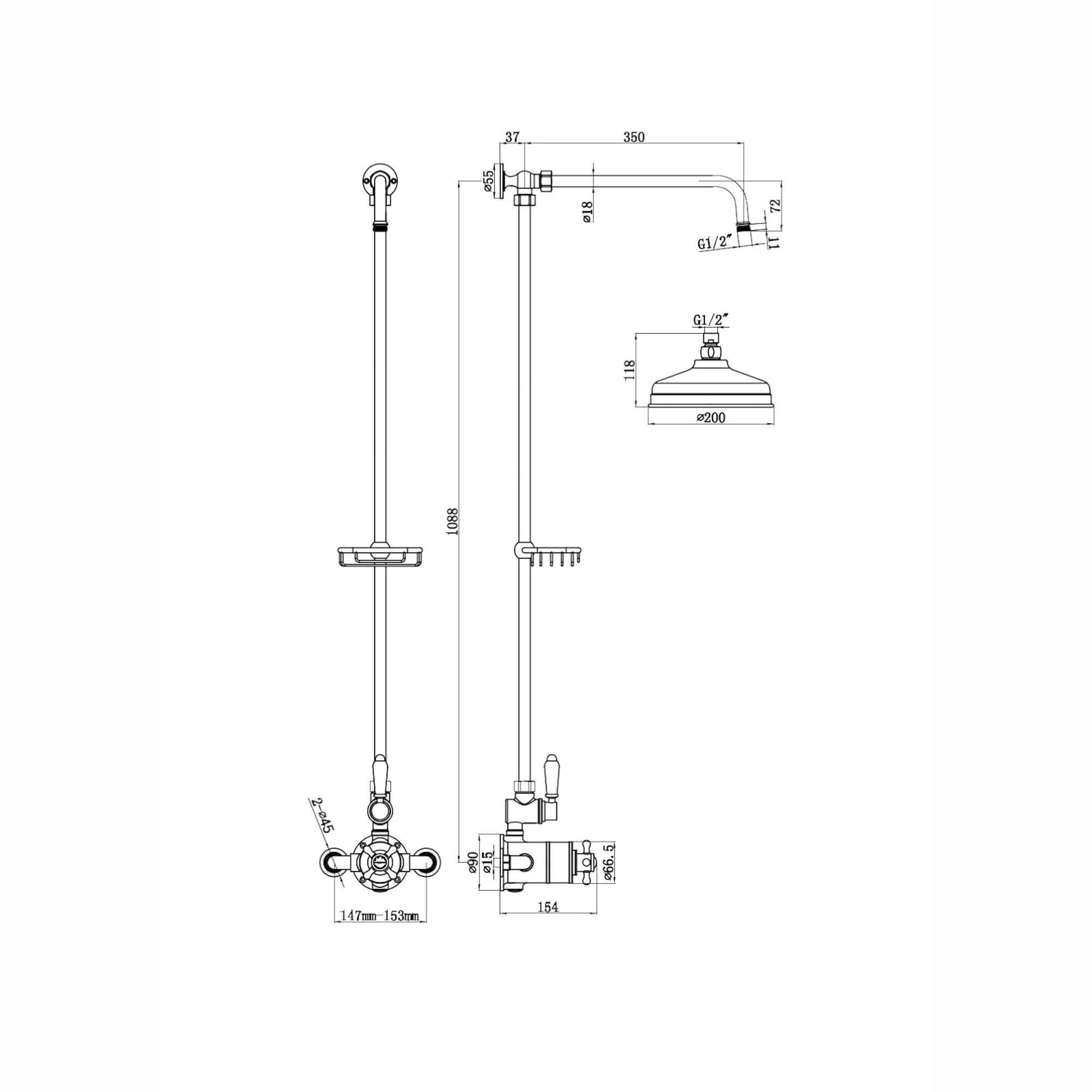 Downton Exposed Traditional Thermostatic Shower Set Single Outlet Incl. Twin Shower Valve, Rigid Riser Rail, 200mm Shower Head & Caddy - Antique Brass - Image 6