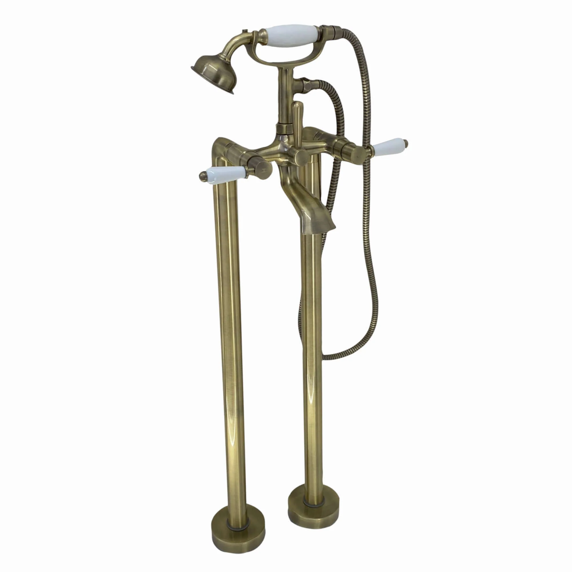 Downton floorstanding bath shower mixer tap with white ceramic levers - antique brass - Image 3