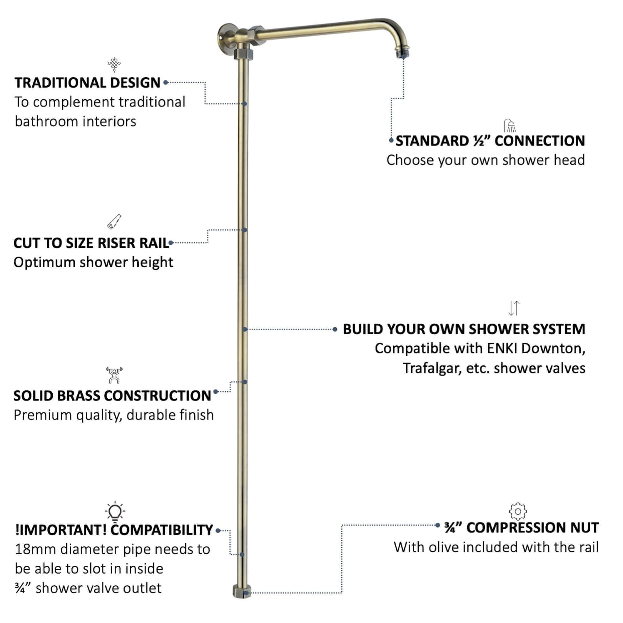Downton shower rigid riser rail traditional - antique brass - Image 4