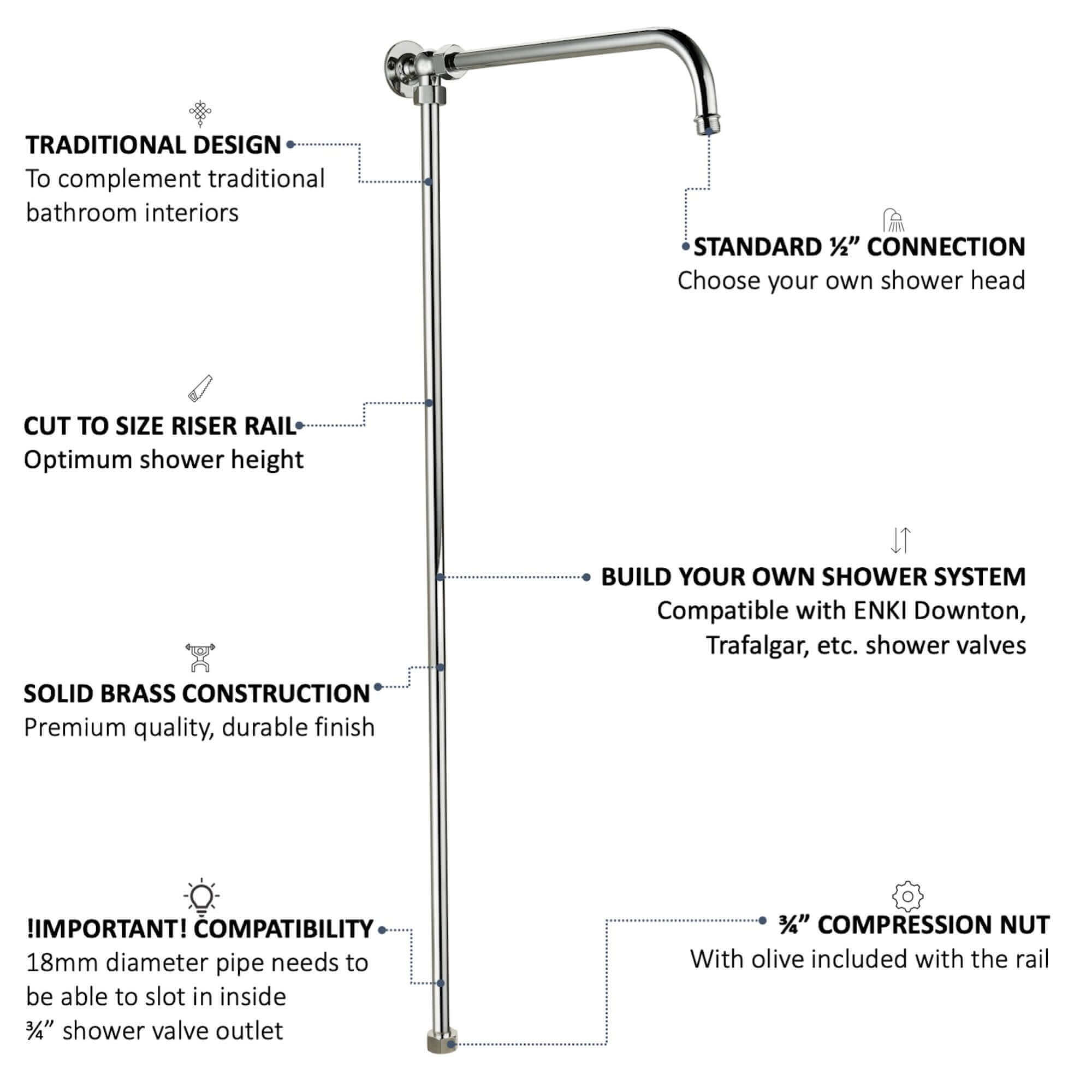 Downton shower rigid riser rail traditional brass - chrome - Image 4