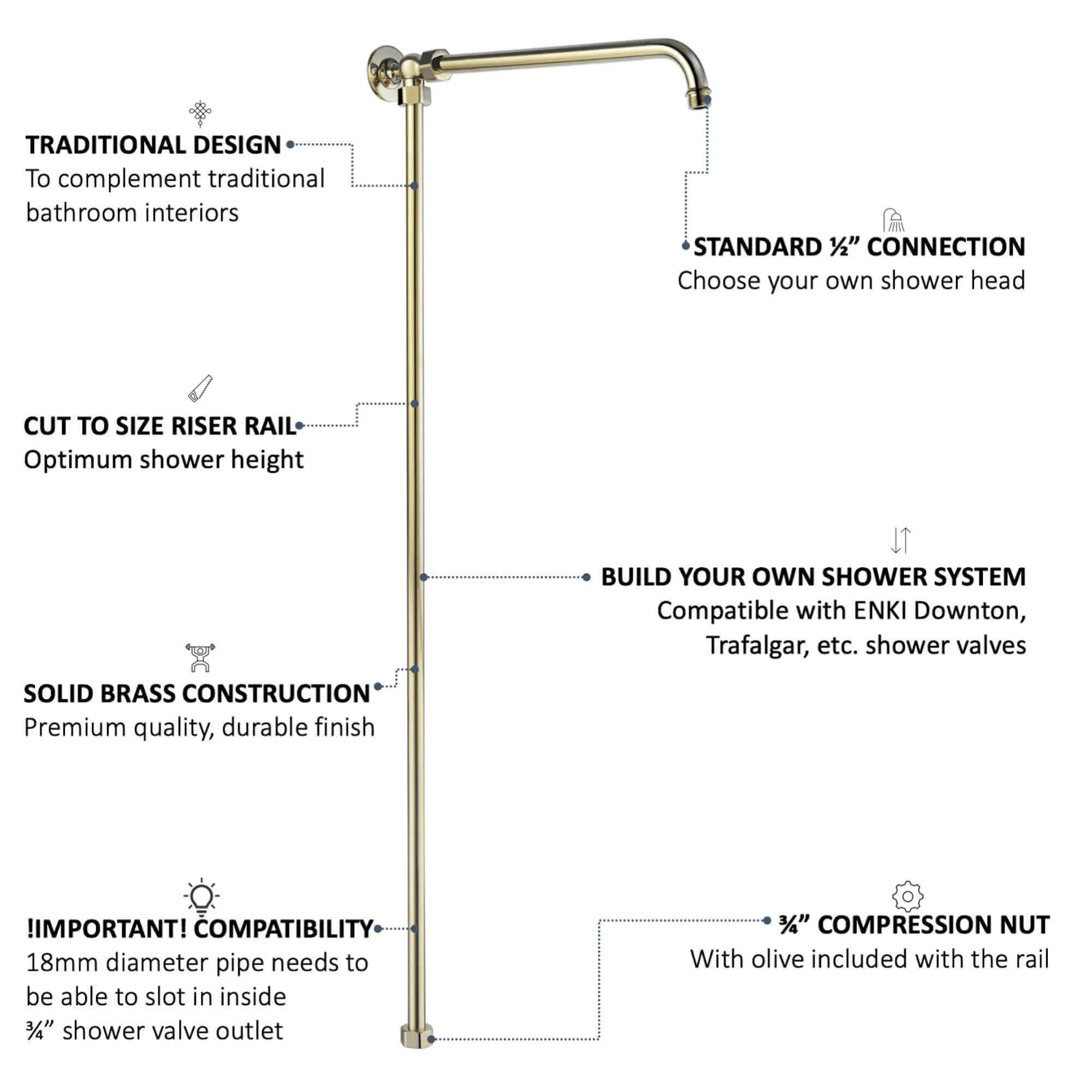Downton shower rigid riser rail traditional - gold - Image 4