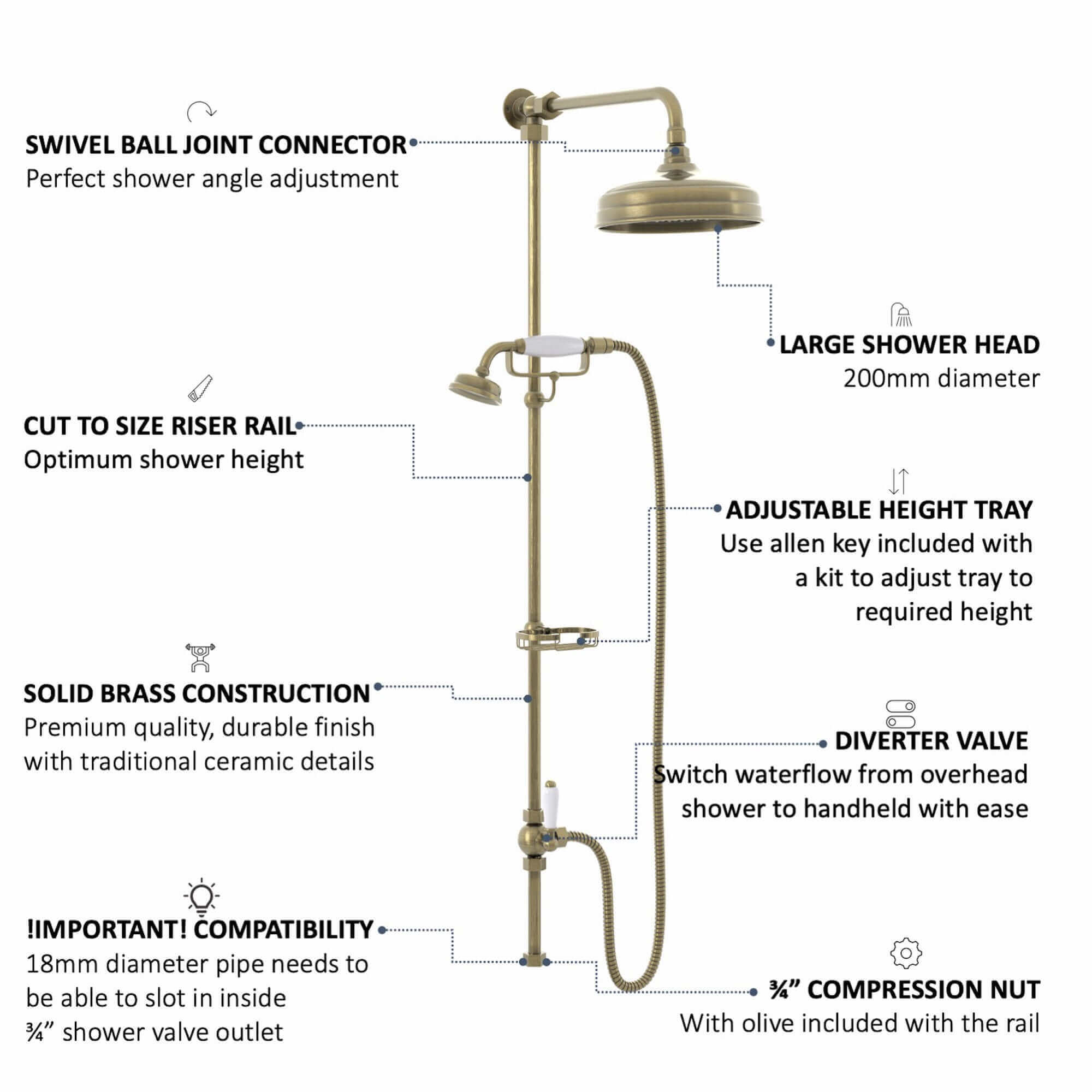 Downton traditional shower riser rail kit 2 outlet soap dish watercan head 200mm - antique brass - Image 5