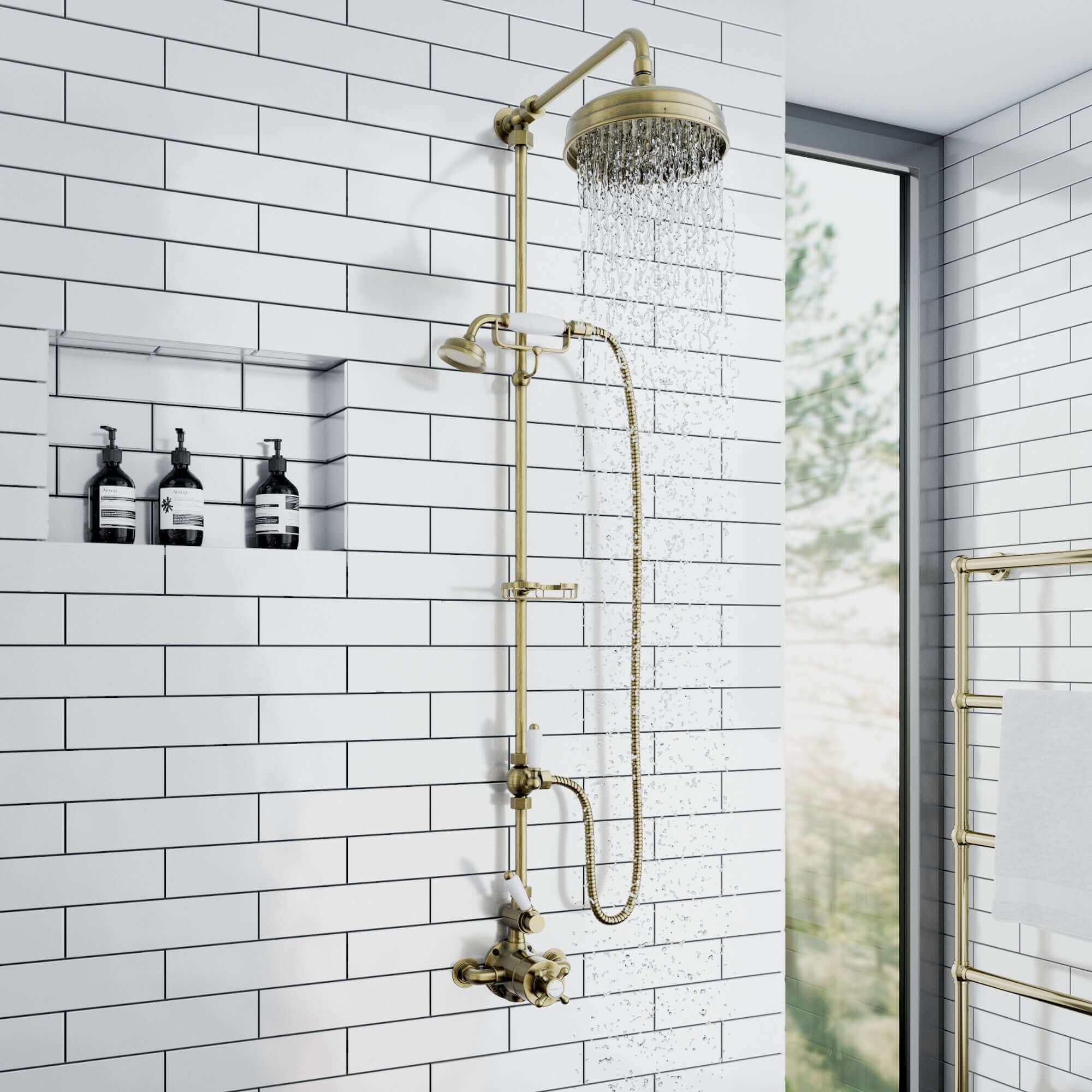 Downton traditional shower riser rail kit 2 outlet soap dish watercan head 200mm - antique brass - Image 8