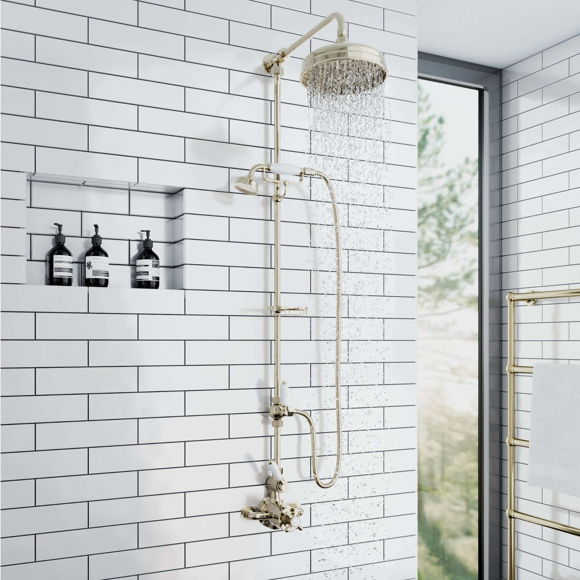 Downton traditional shower riser rail kit 2 outlet soap dish watercan head 200mm - gold - Image 5