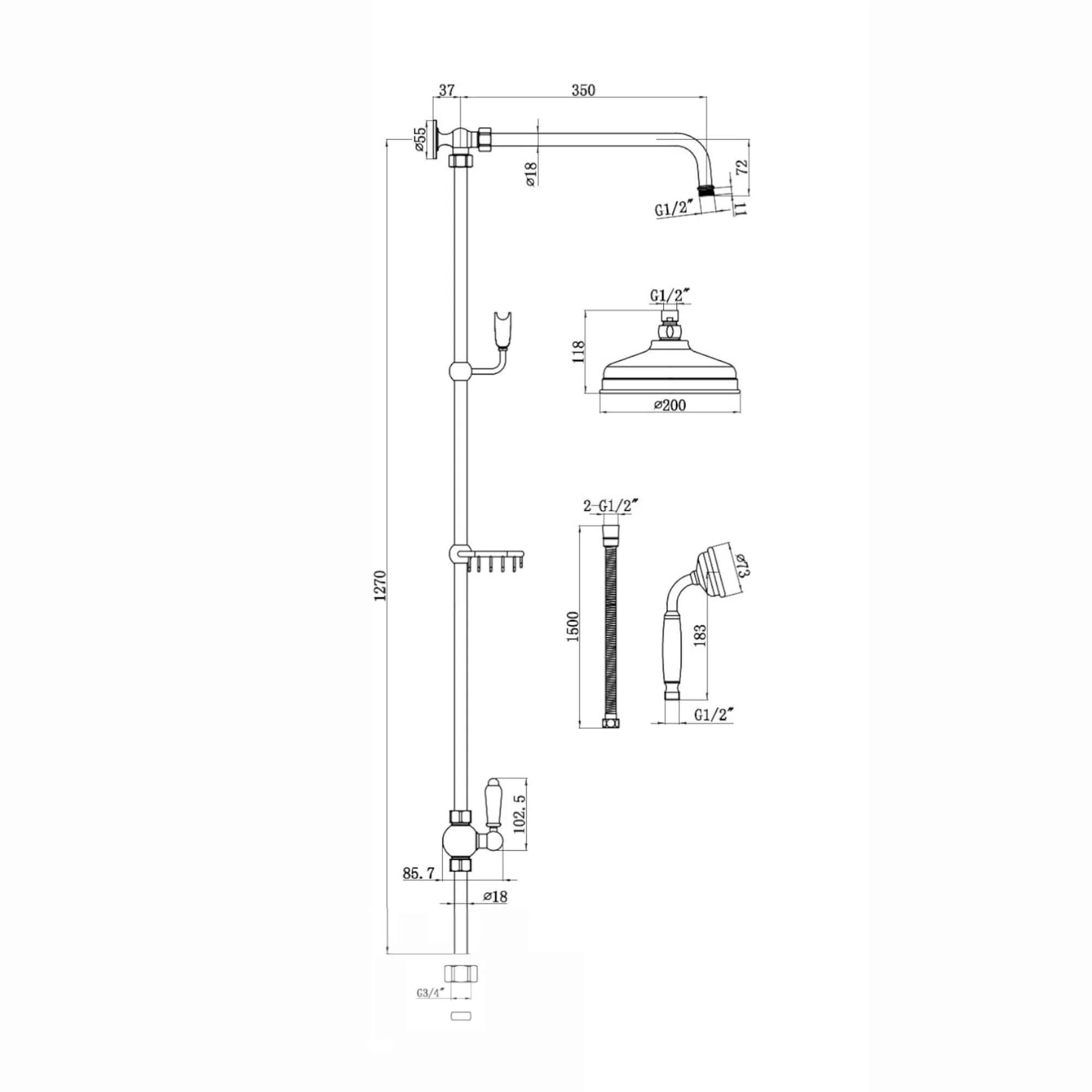 Downton traditional shower riser rail kit 2 outlet soap dish watercan head 200mm - gold - Image 7