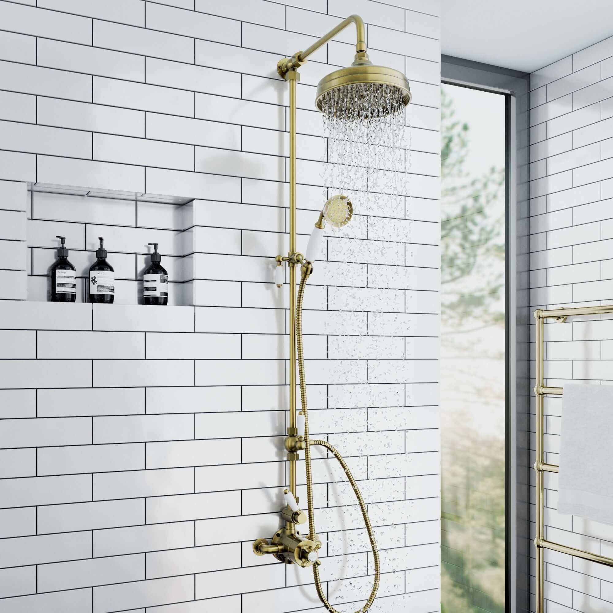 Downton traditional shower riser rail kit 2 outlet watercan head 200mm - antique brass - Image 5