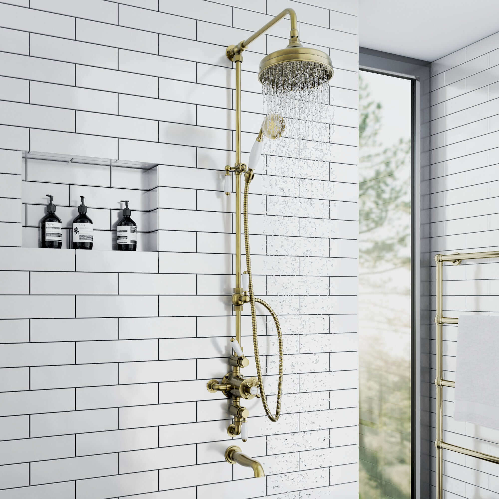 Downton traditional shower riser rail kit 2 outlet watercan head 200mm - antique brass - Image 6