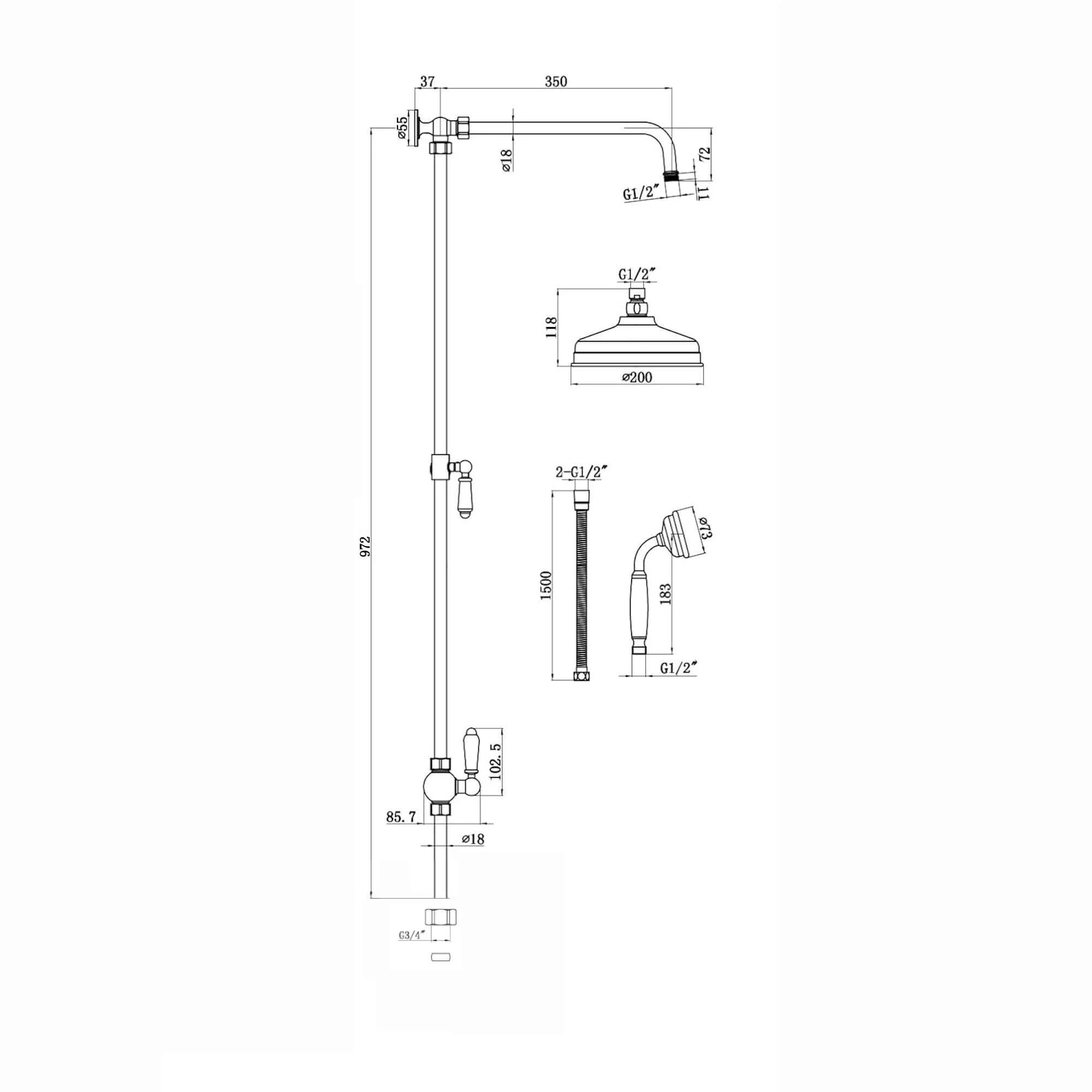 Downton traditional shower riser rail kit 2 outlet watercan head 200mm - antique brass - Image 8