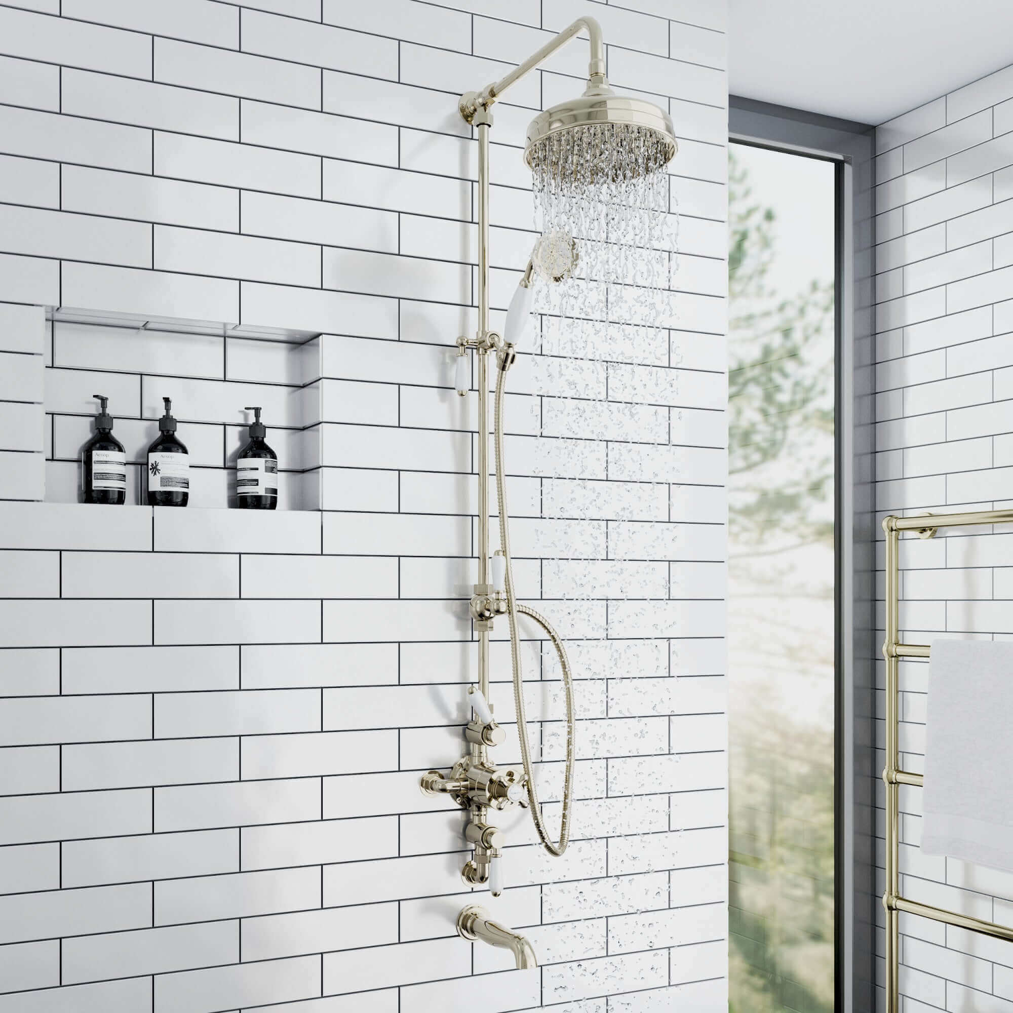 Downton traditional shower riser rail kit 2 outlet watercan head 200mm - gold - Image 6