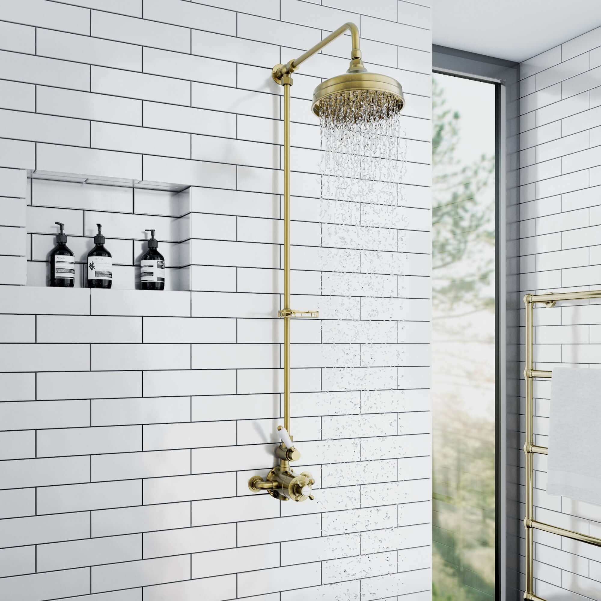 Downton traditional shower riser rail kit with soap dish watercan head 200mm - antique brass - Image 3