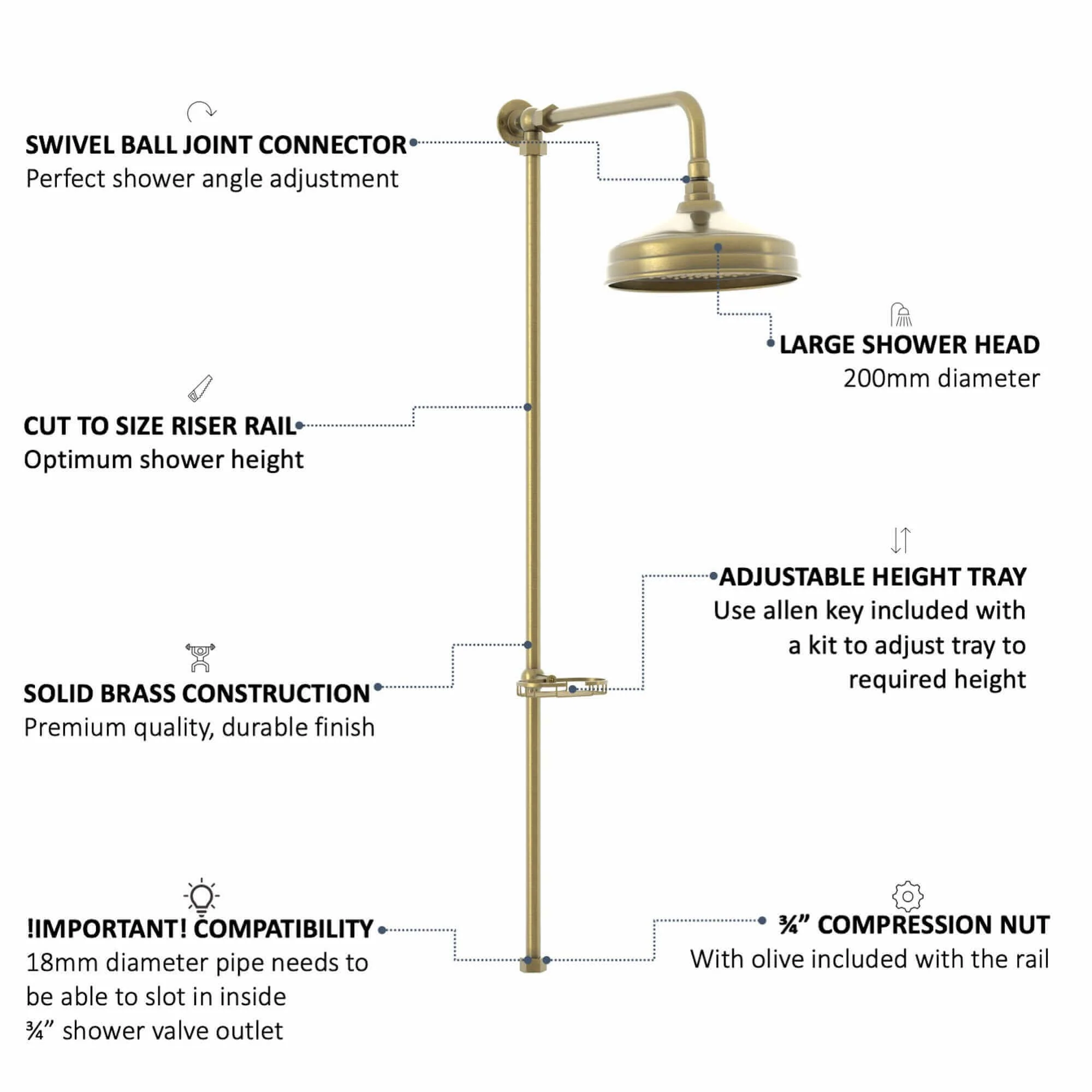 Downton traditional shower riser rail kit with soap dish watercan head 200mm - antique brass - Image 4