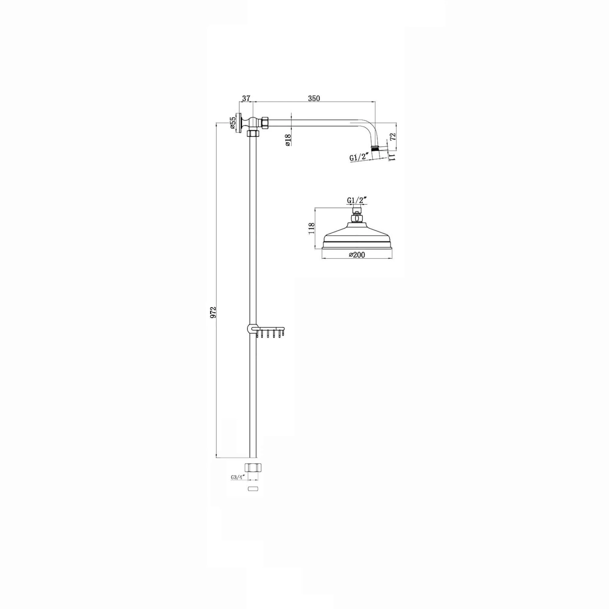 Downton traditional shower riser rail kit with soap dish watercan head 200mm - gold - Image 5