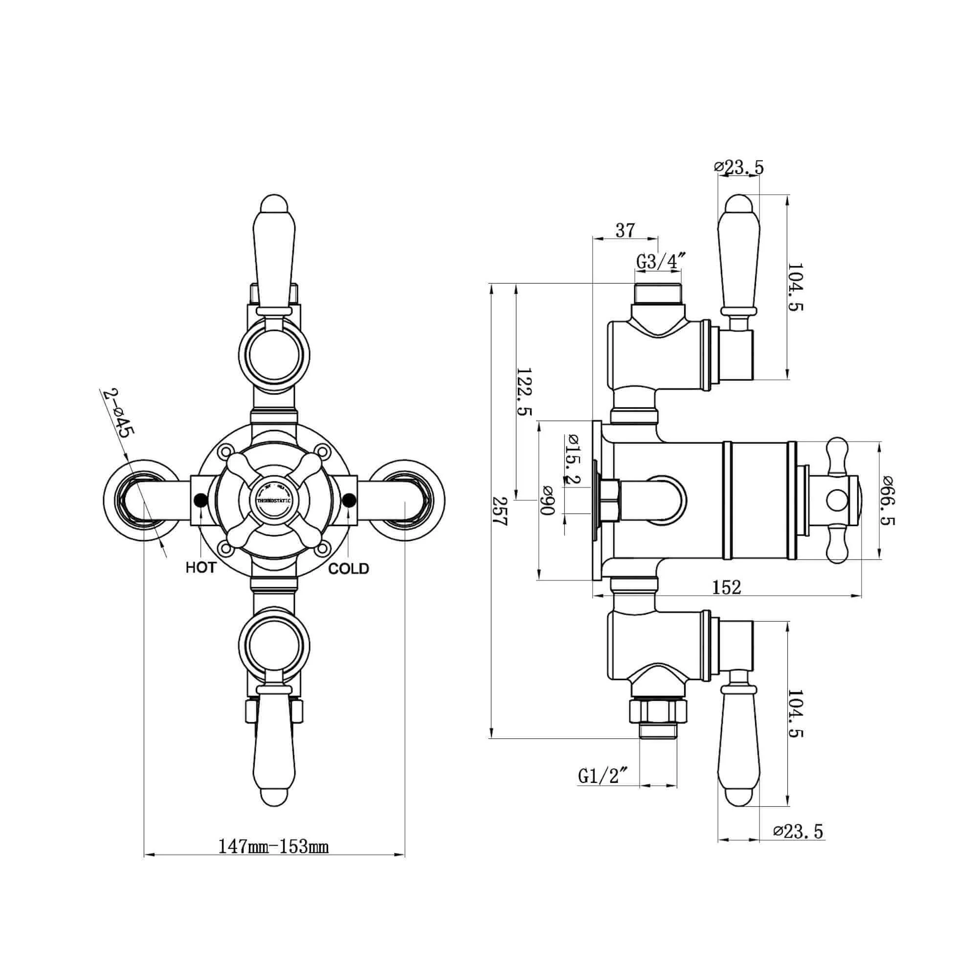 Downton traditional triple thermostatic shower valve two outlet - gold & black - Image 5