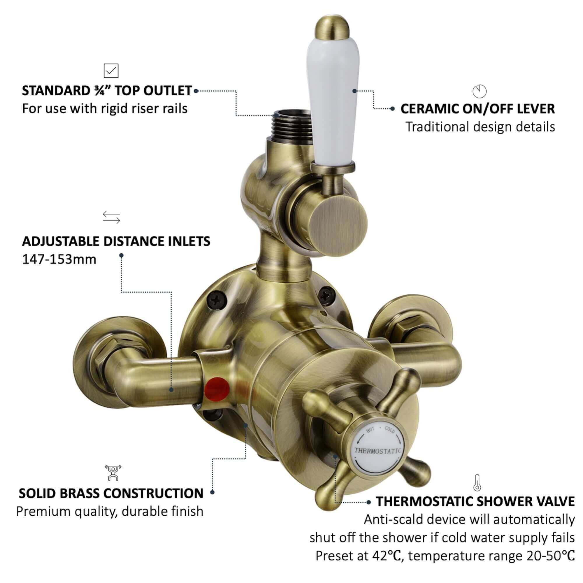 Downton traditional twin thermostatic shower valve exposed 3/4" top outlet  - antique brass - Image 4