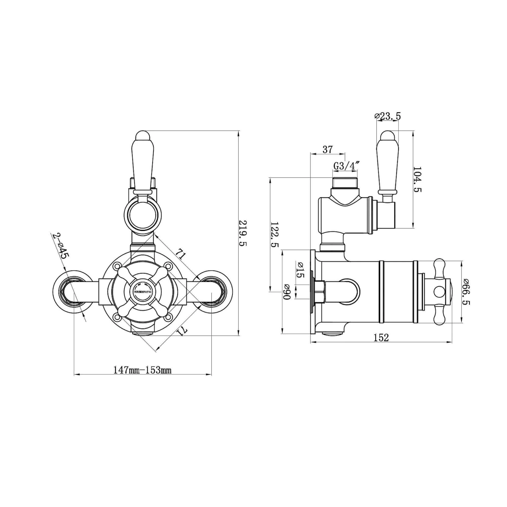 Downton traditional twin thermostatic shower valve exposed 3/4" top outlet  - antique brass - Image 5