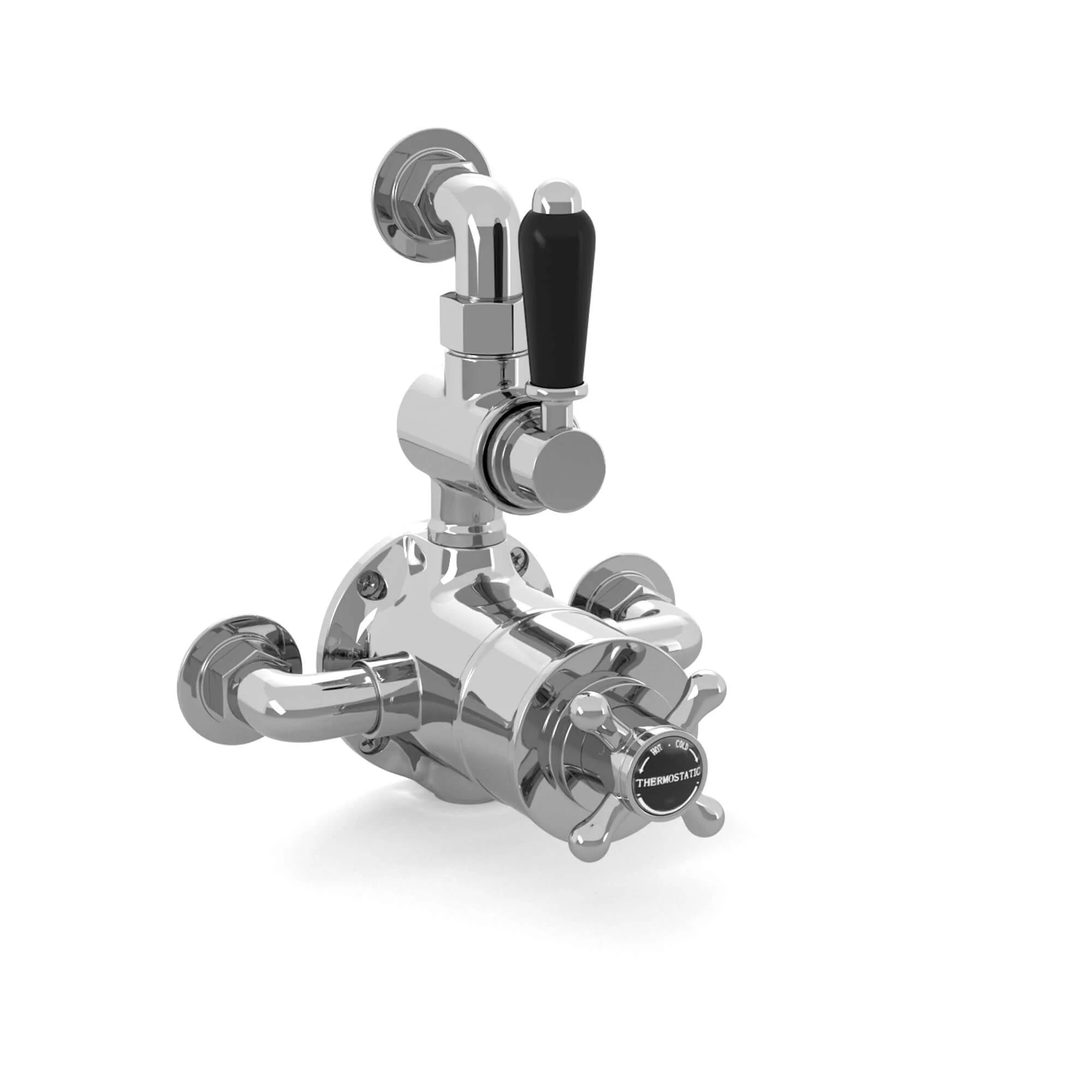 Downton traditional twin thermostatic shower valve semi-exposed - chrome with black lever - Image 4