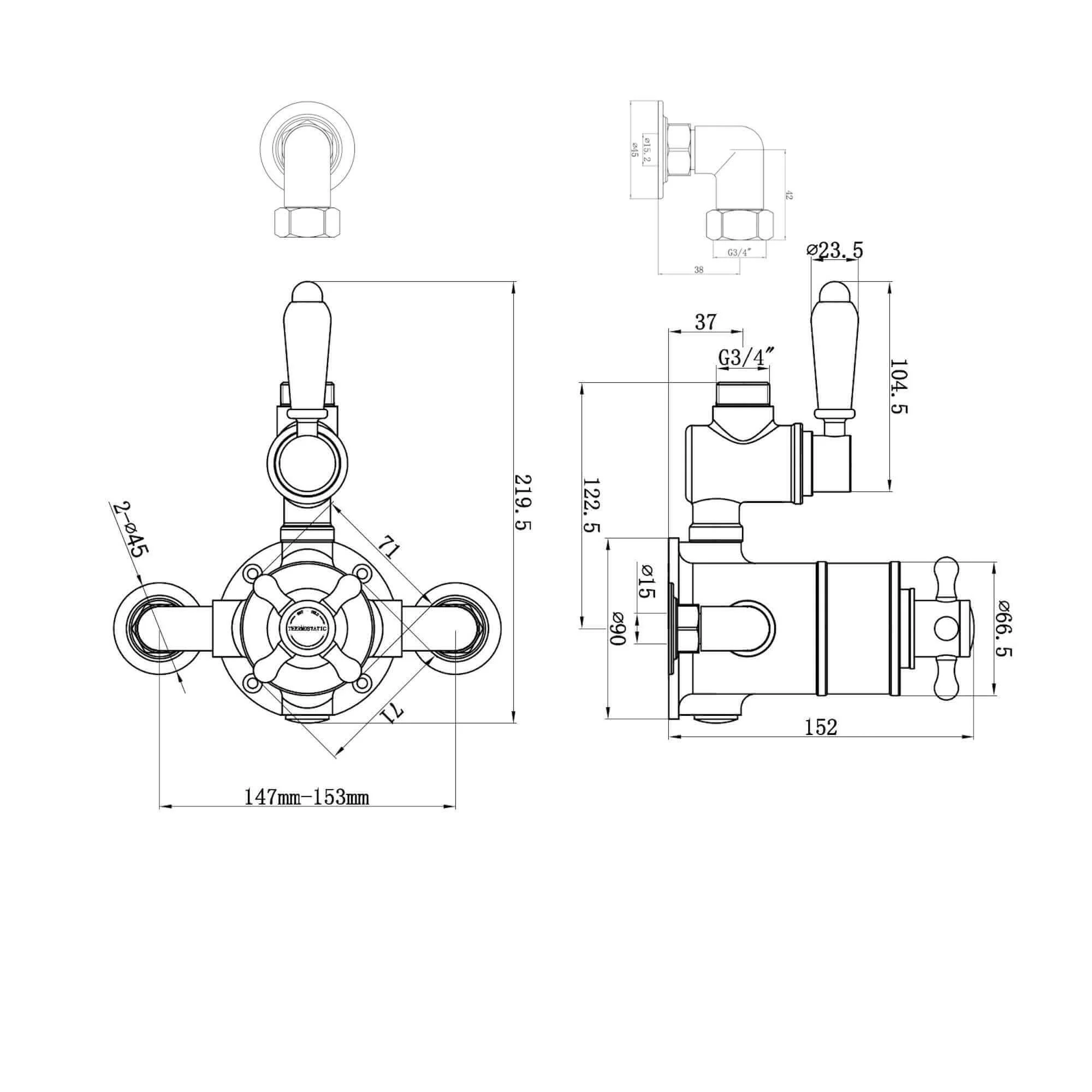 Downton traditional twin thermostatic shower valve semi-exposed - gold - Image 8