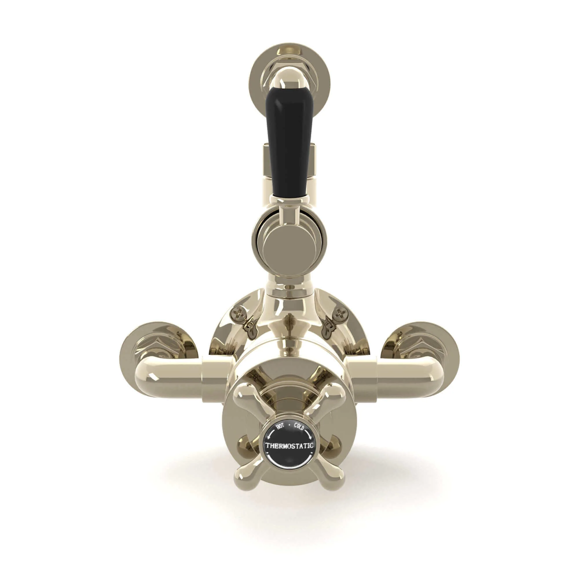 Downton traditional twin thermostatic shower valve semi-exposed - gold with black lever - Image 3