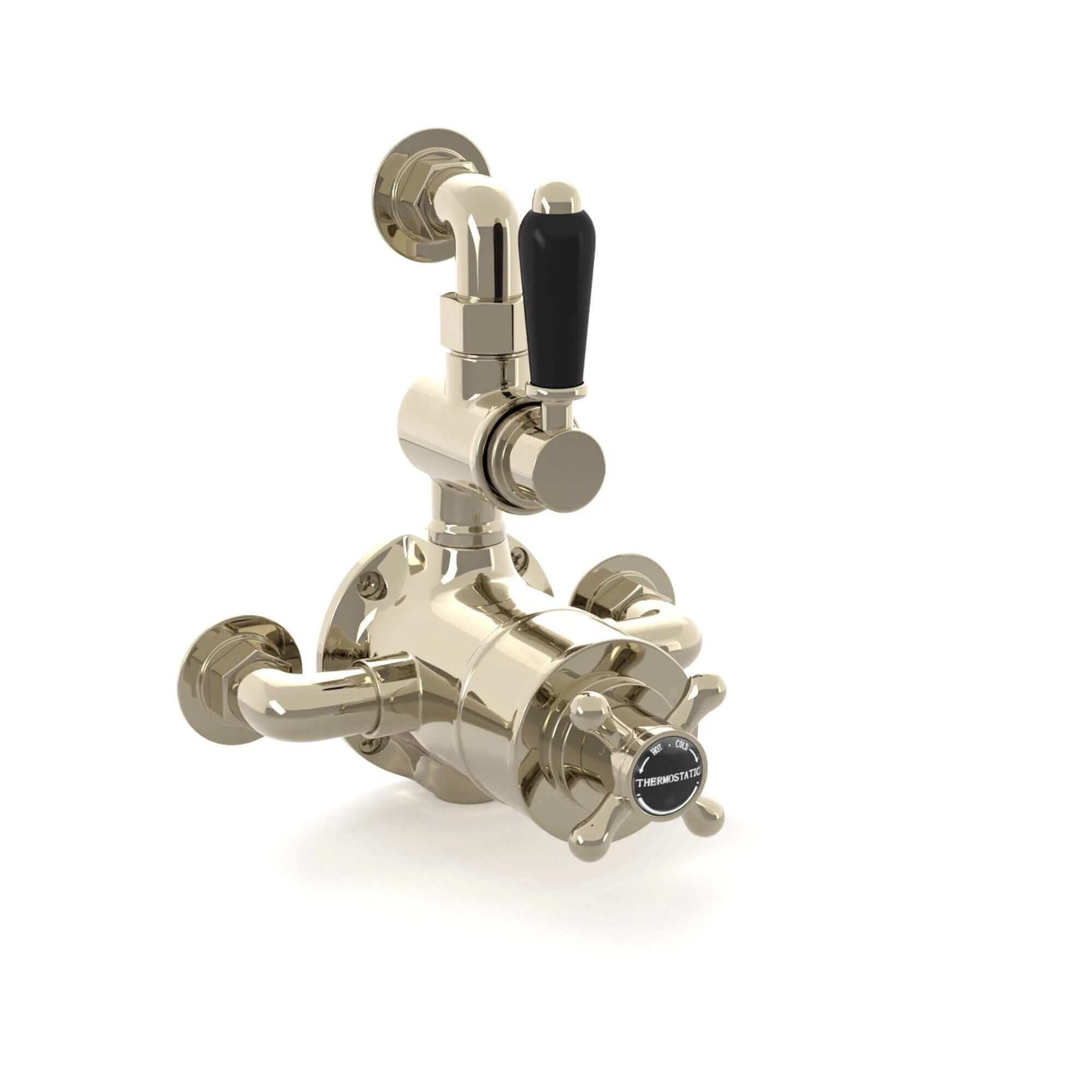 Downton traditional twin thermostatic shower valve semi-exposed - gold with black lever - Image 4