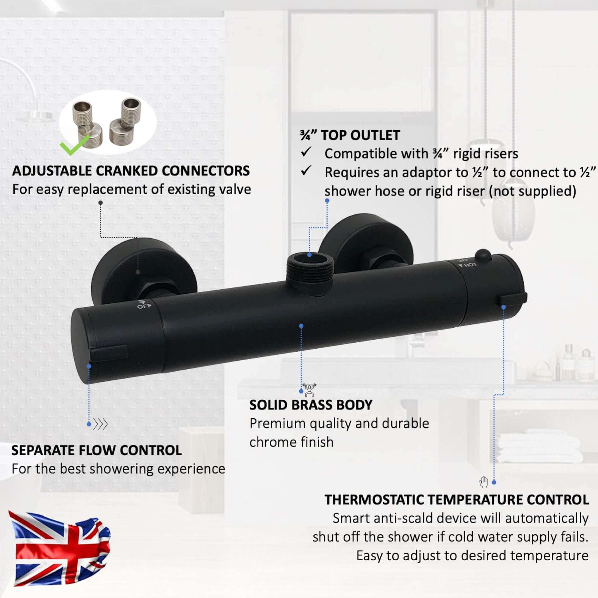 Dune thermostatic bar shower mixer valve top outlet 3/4" outlet contemporary - matt black - Image 6