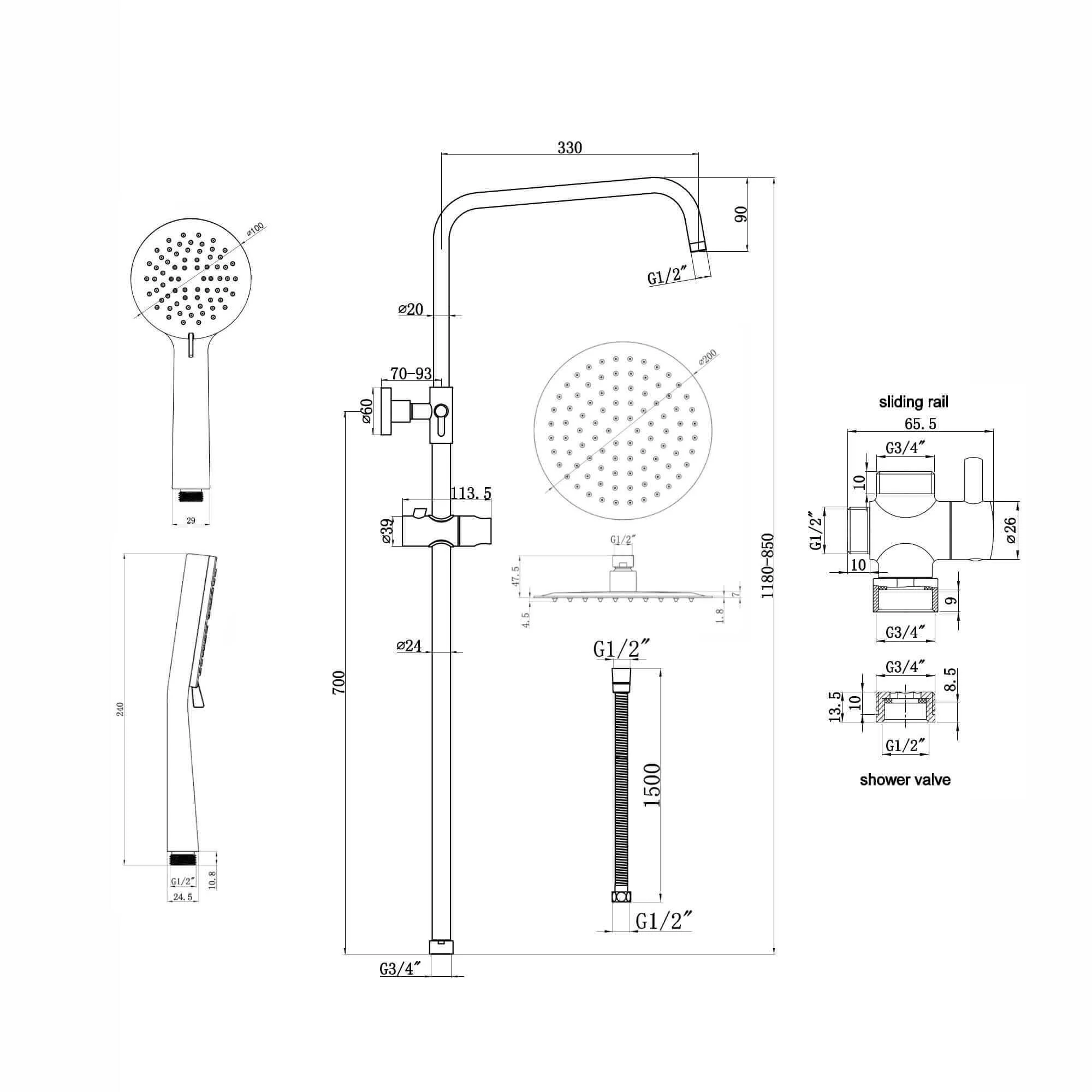 Dune dual shower riser kit adjustable height angled round easy clean head 200mm, 3 setting handshower - black - Image 3