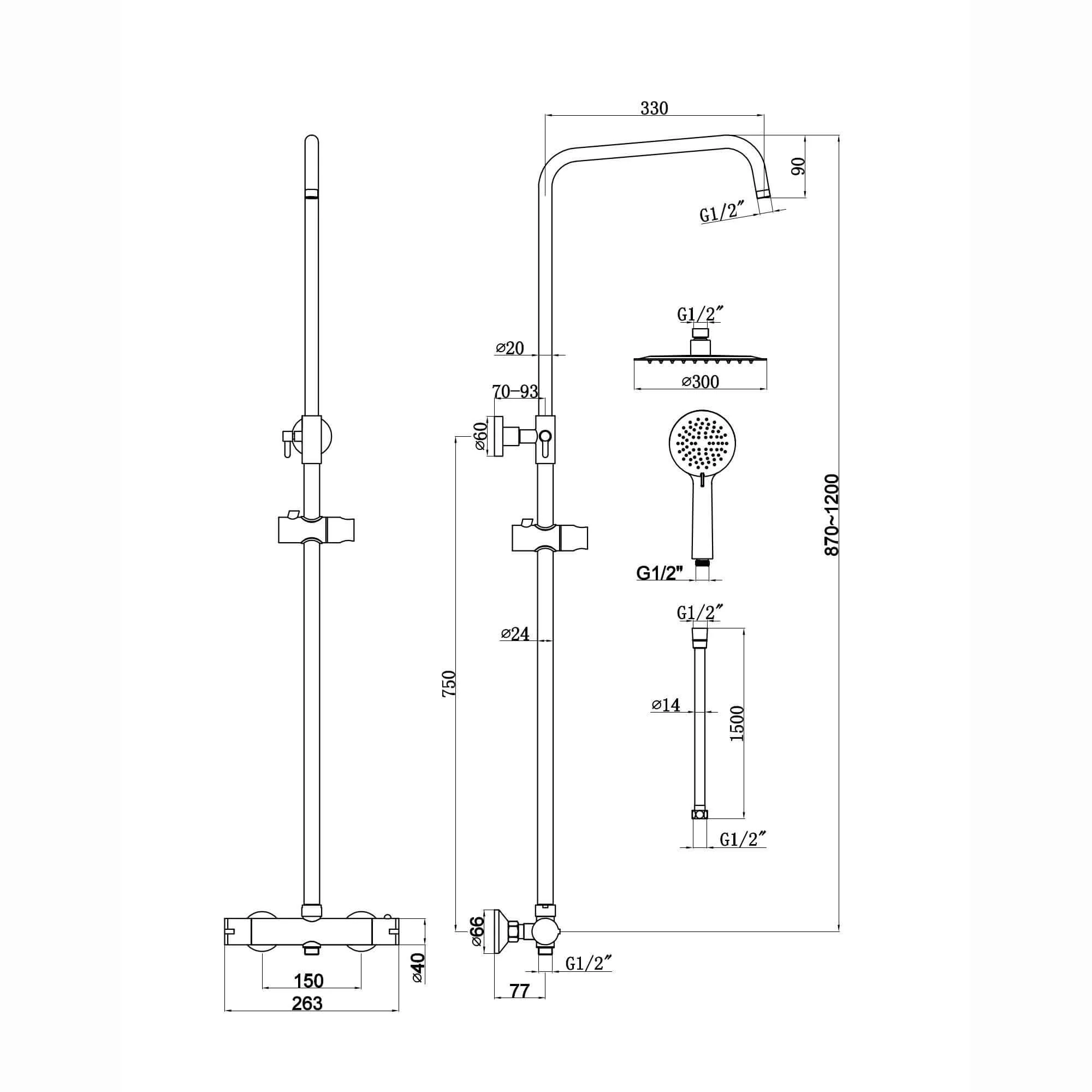Dune round thermostatic shower set 200mm head & handheld - brushed brass - Image 6