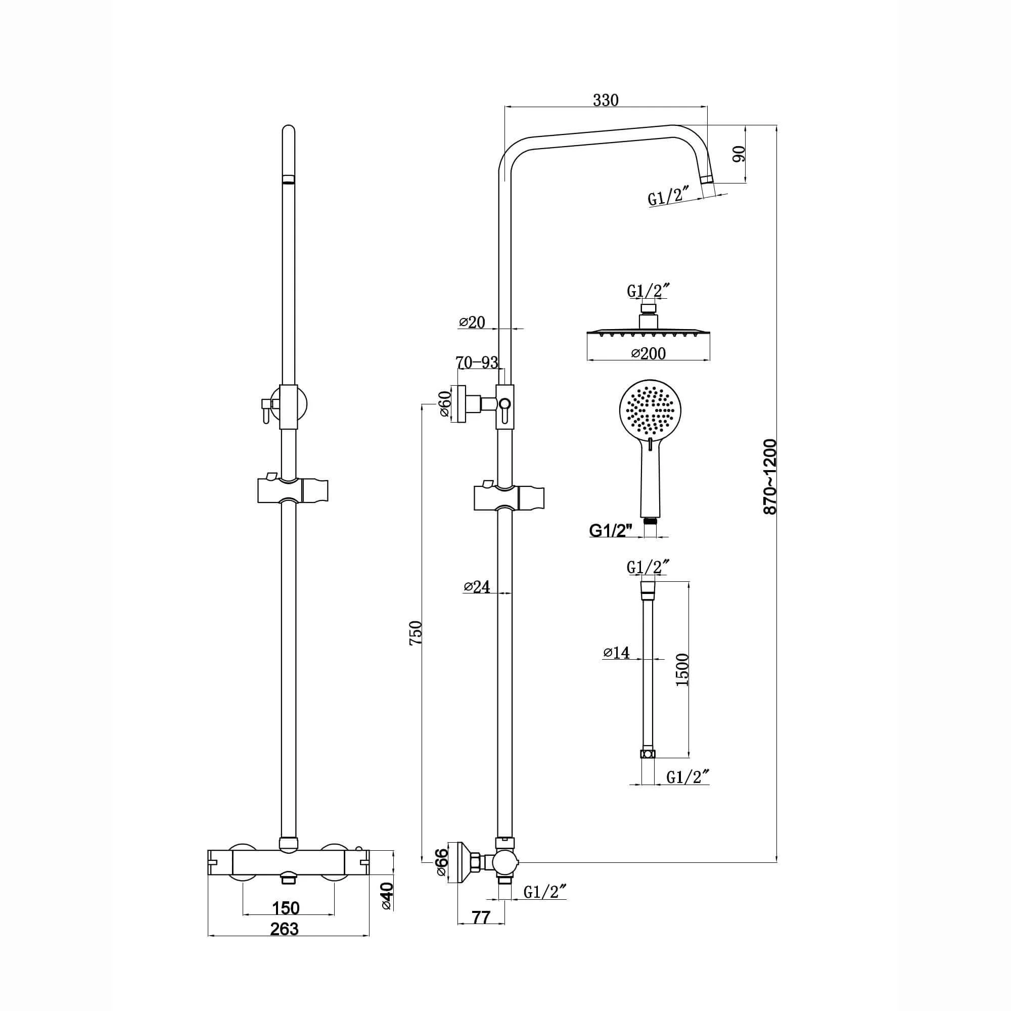 Dune round thermostatic shower set 200mm head & handheld - chrome - Image 7