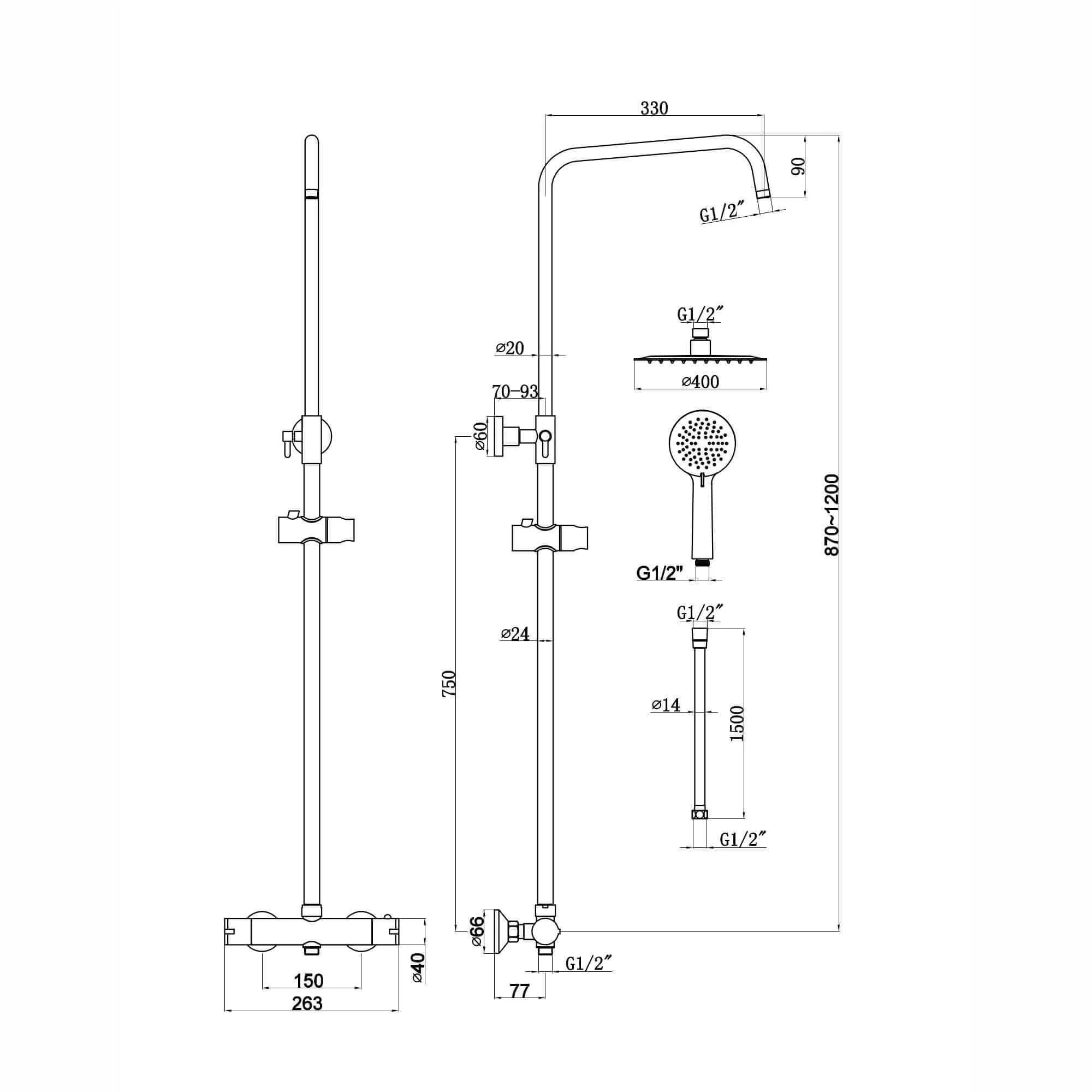 Dune round thermostatic shower set 400mm head & handheld - chrome - Image 6