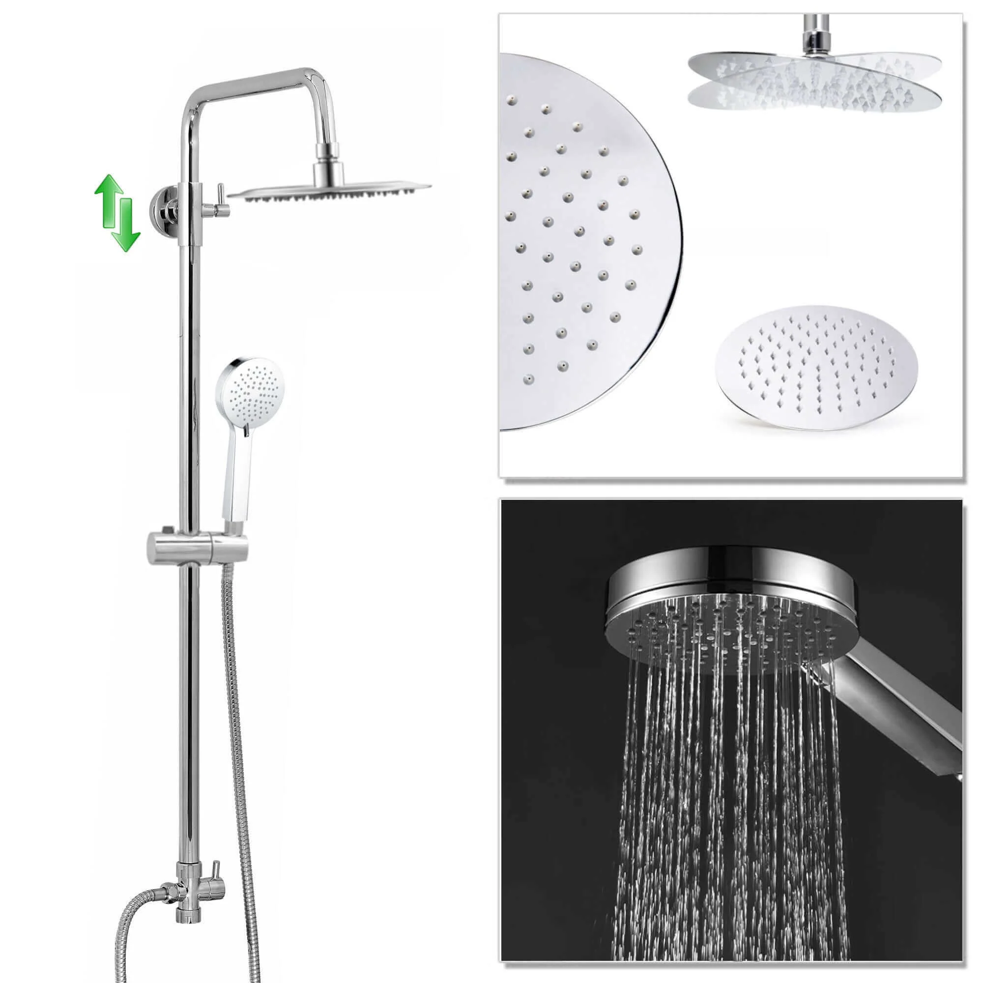 Dune dual shower riser kit adjustable height angled round easy clean head 200mm, 3 setting handshower - chrome - Image 2