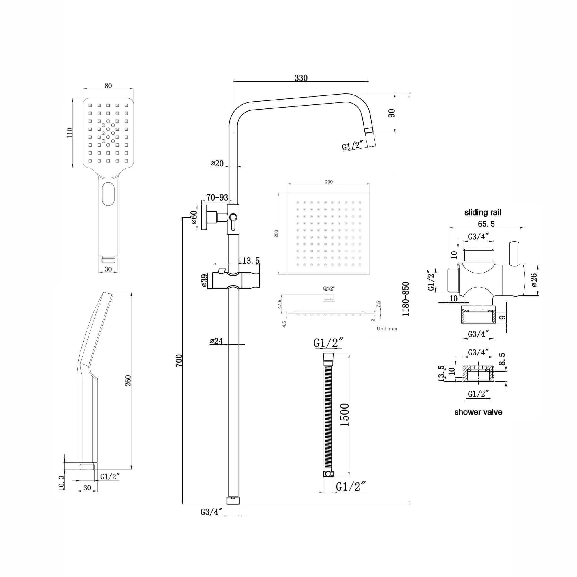 Dune dual shower riser kit adjustable height angled square easy clean head 200mm, handshower - chrome - Image 4