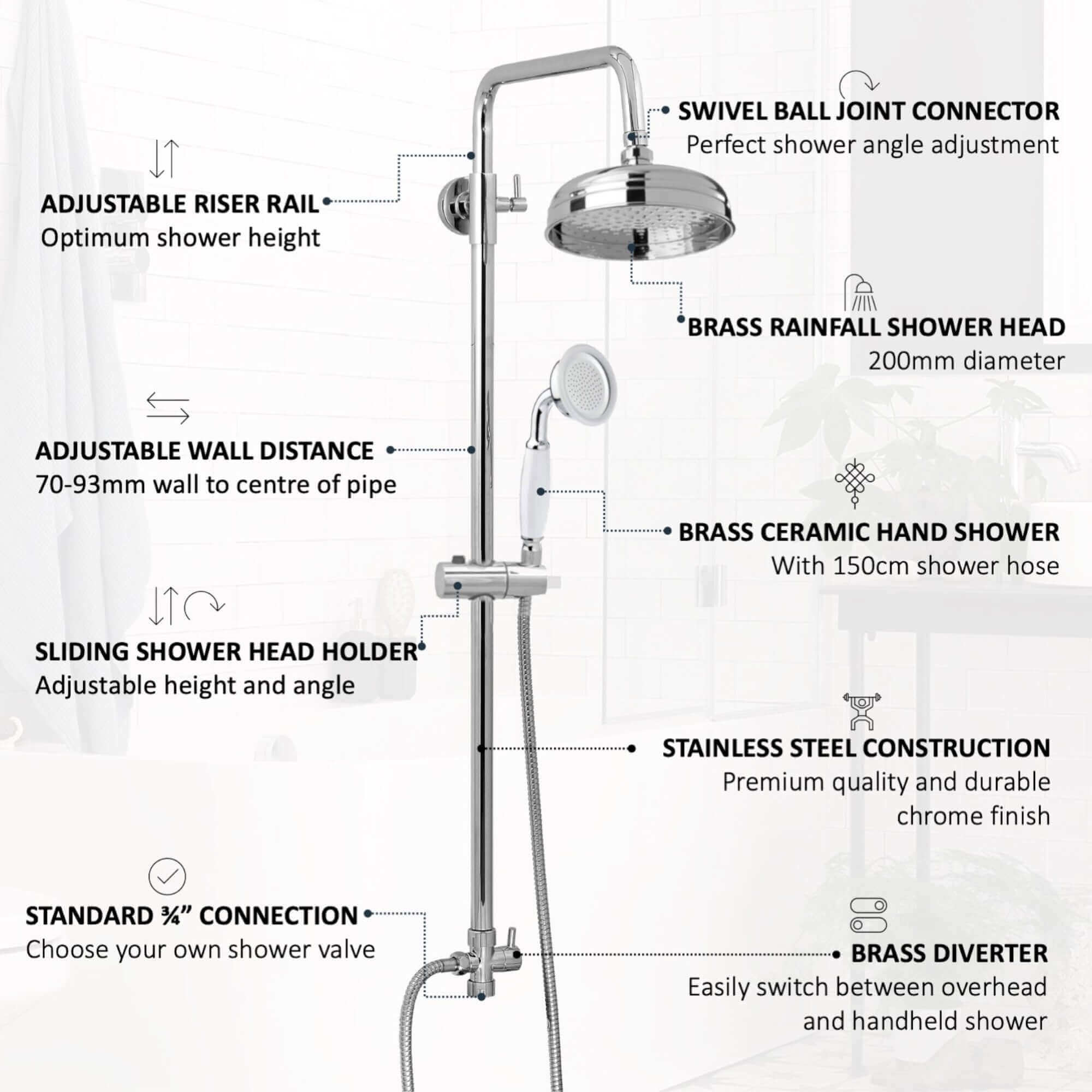 Dune dual shower riser kit adjustable height angled traditional watercan head 200mm, brass ceramic handshower - chrome - Image 5