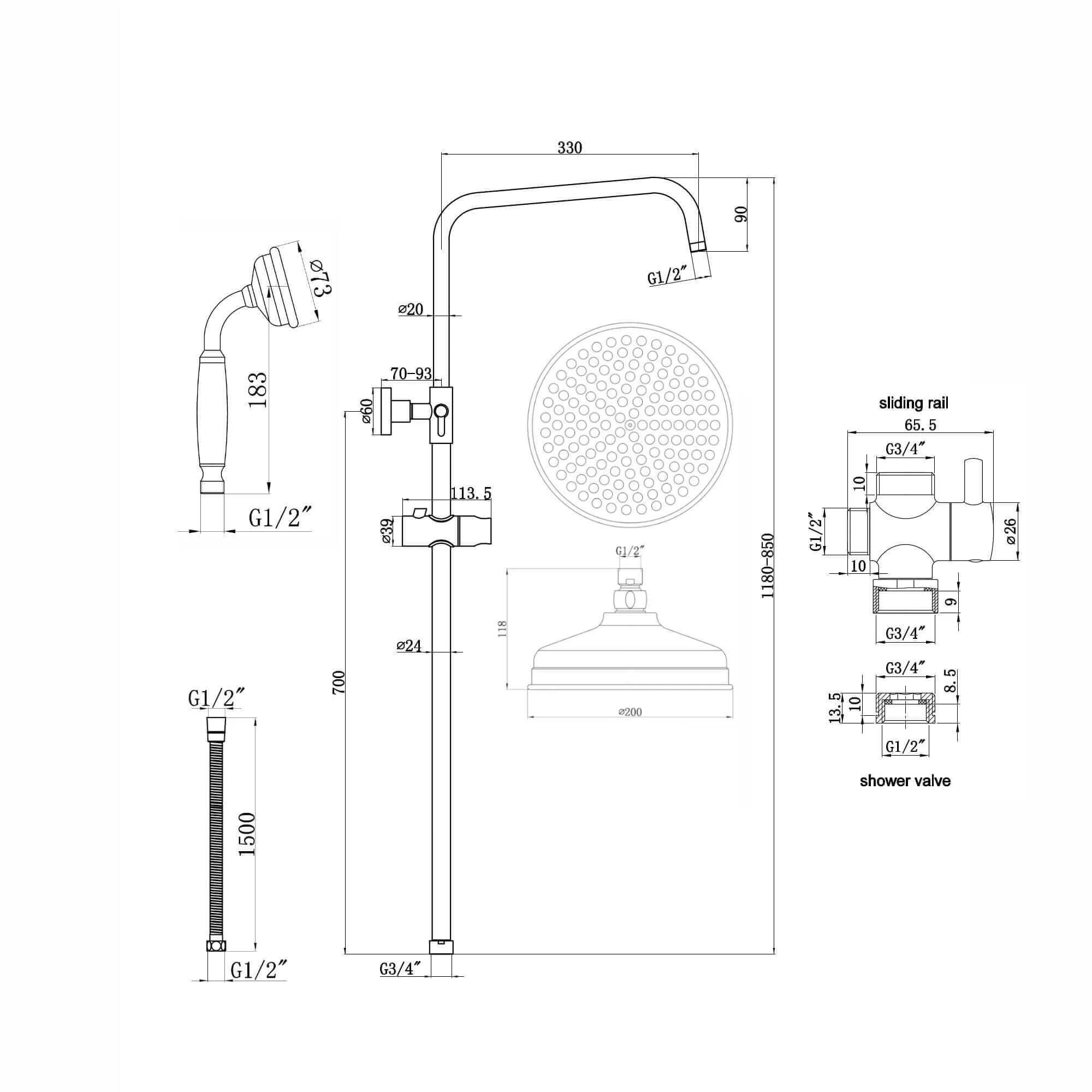Dune dual shower riser kit adjustable height angled traditional watercan head 200mm, brass ceramic handshower - chrome - Image 7
