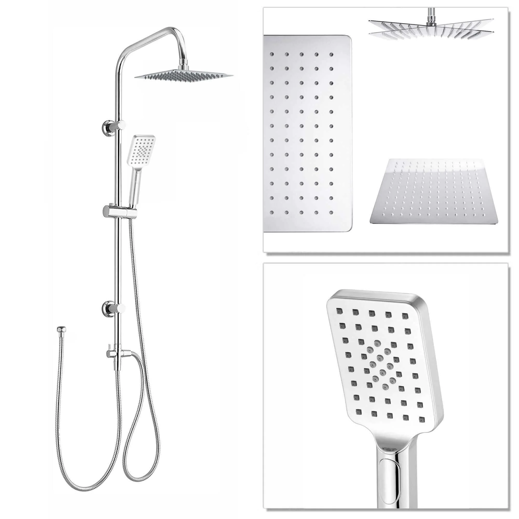 Dune thermostatic bar bath shower mixer valve with dual rigid riser kit, 200mm square overhead rain shower and handheld - chrome - Image 2